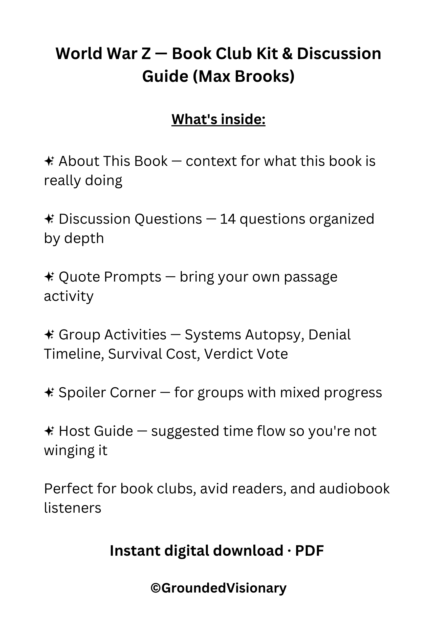 World War Z by Max Brooks discussion guide for book clubs, classrooms, and literary fiction readers