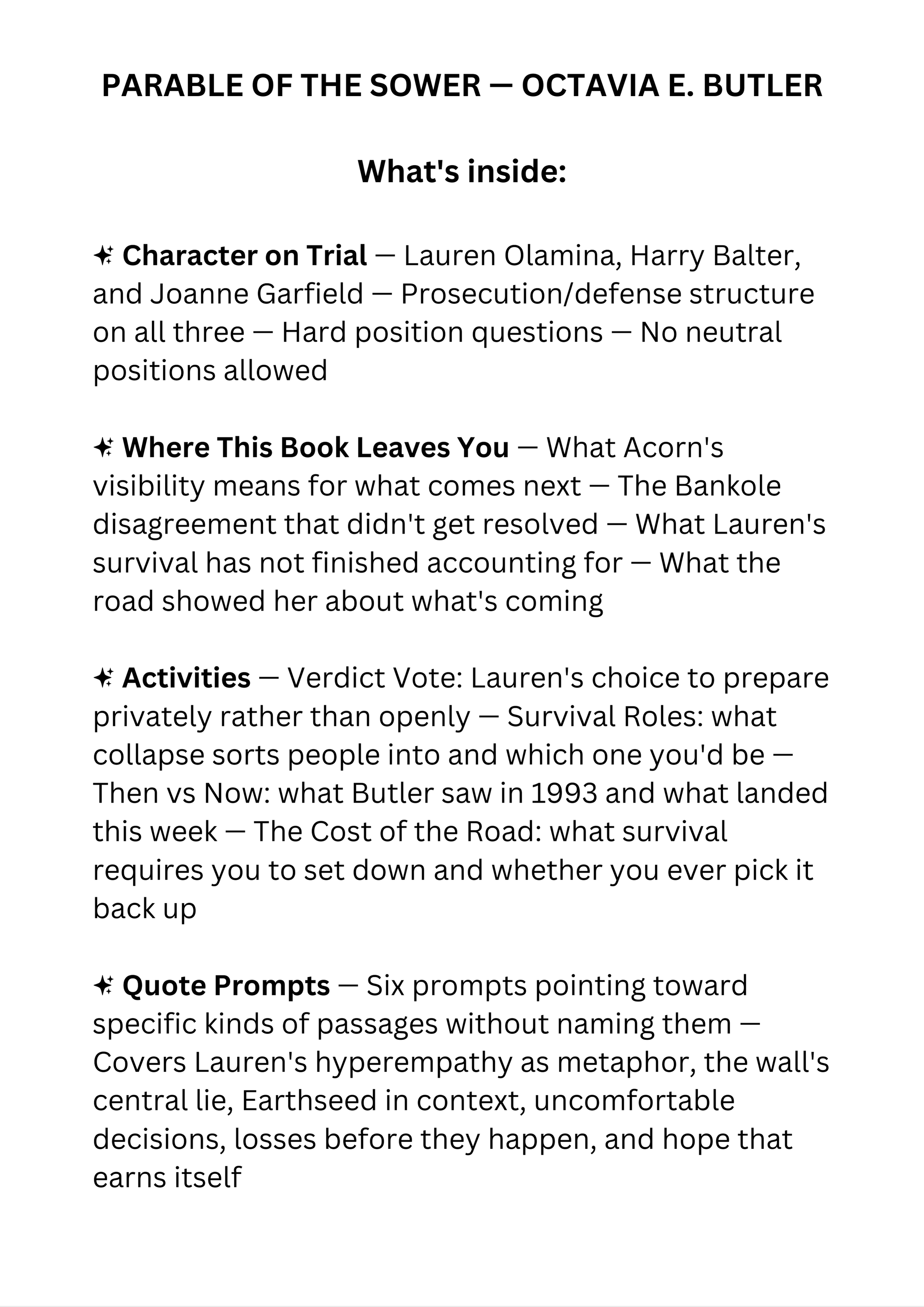 Parable of the Sower book club discussion guide for dystopian fiction readers and book clubs