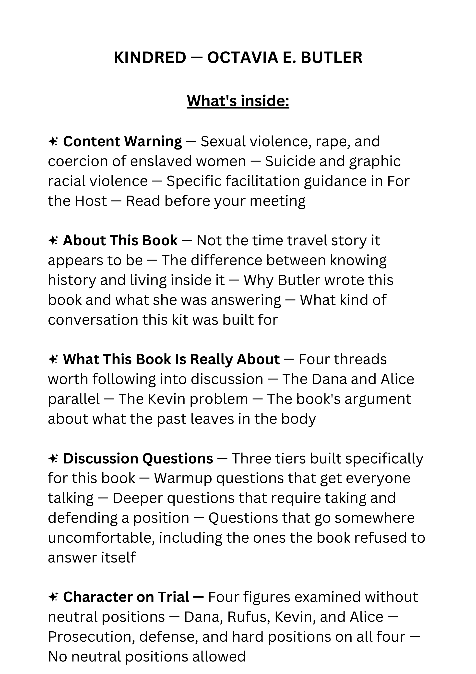 Kindred by Octavia Butler discussion guide for book clubs, classrooms, and speculative fiction readers