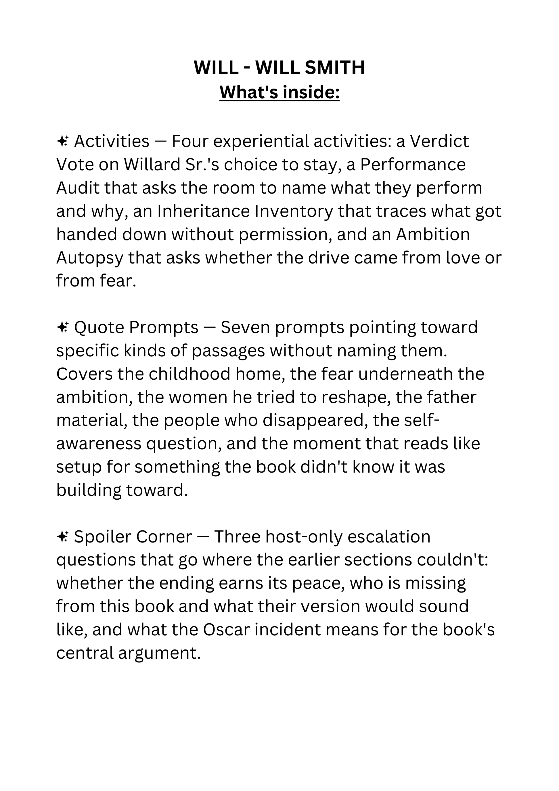 20+ pages of discussion questions, activities, and a host guide for Will by Will Smith. Built for book clubs ready to go past the highlights reel.