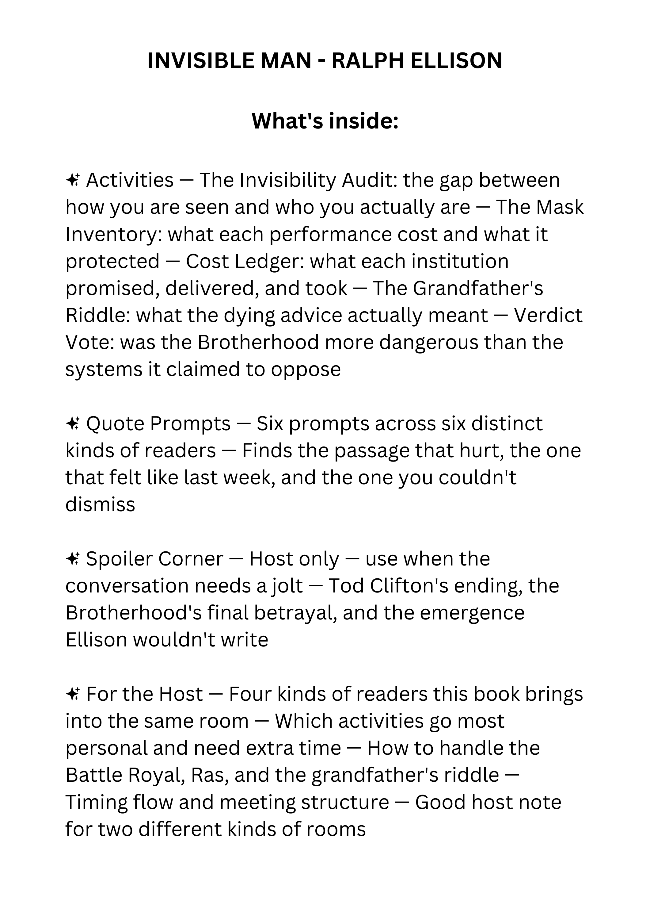 Invisible Man by Ralph Ellison discussion guide for book clubs, classrooms, and literary fiction readers