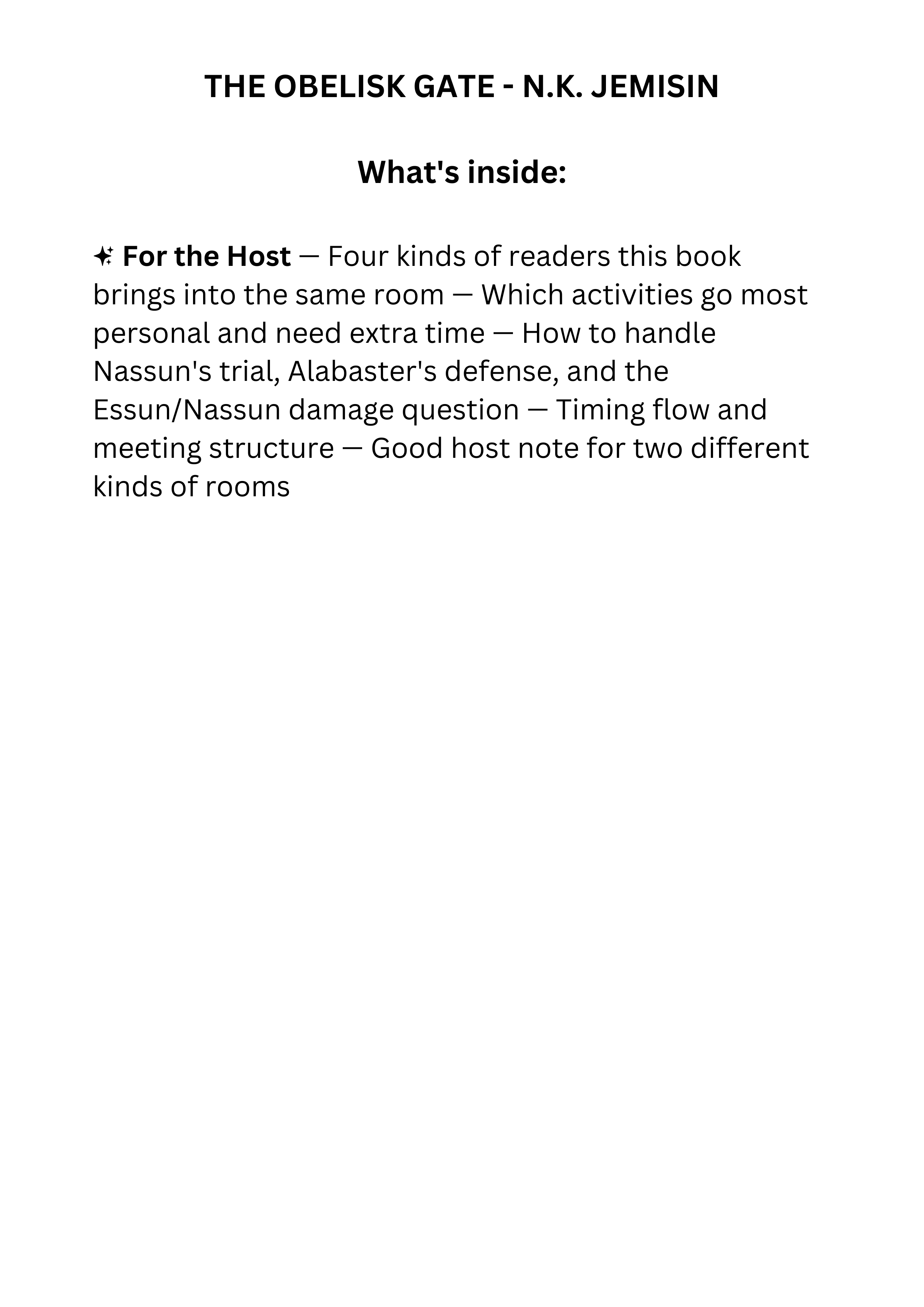 The Obelisk Gate book club discussion guide for speculative fiction readers and deep discussion