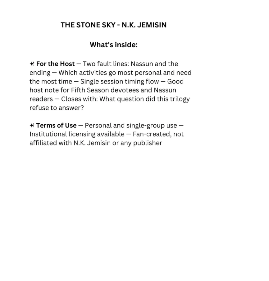 The Stone Sky book club discussion guide for speculative fiction readers and deep discussion