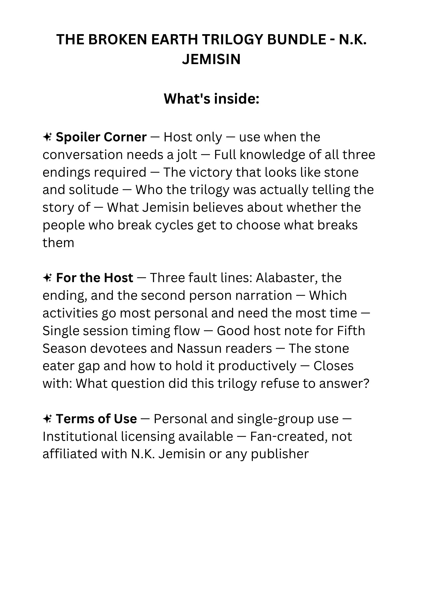 The Broken Earth Trilogy discussion kit for The Fifth Season, The Obelisk Gate, and The Stone Sky
