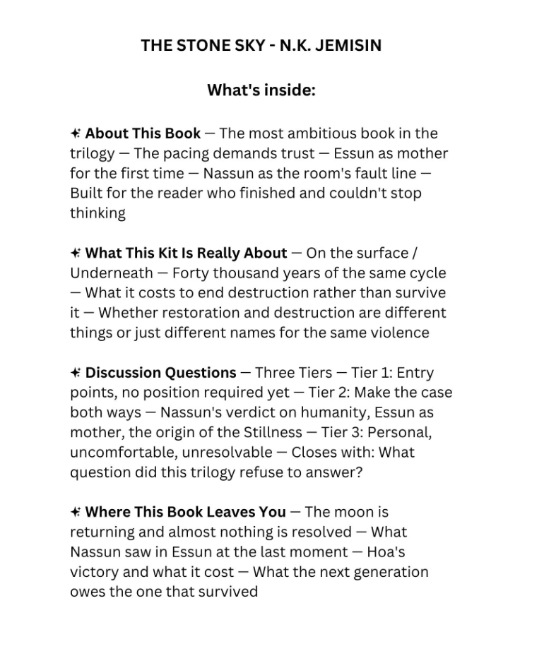 The Stone Sky book club discussion guide for speculative fiction readers and deep discussion