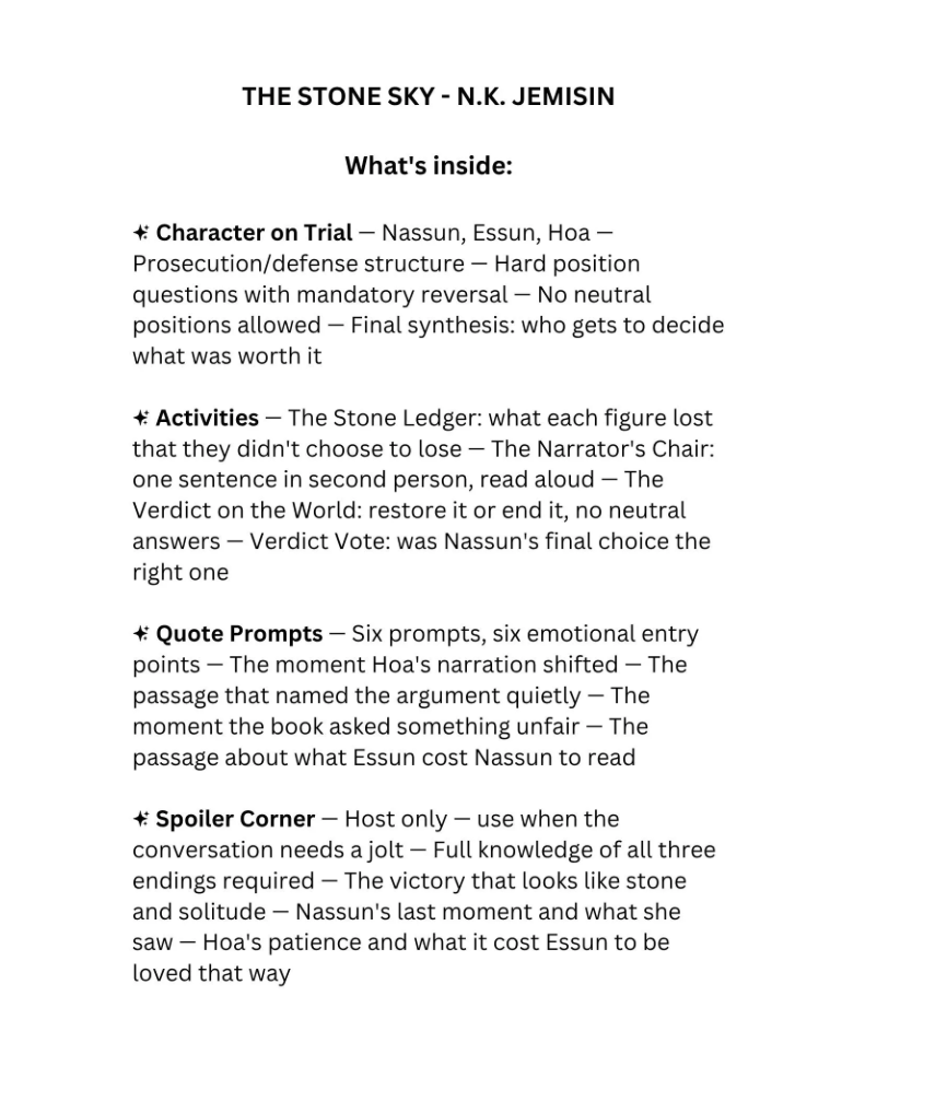 The Stone Sky book club discussion guide for speculative fiction readers and deep discussion