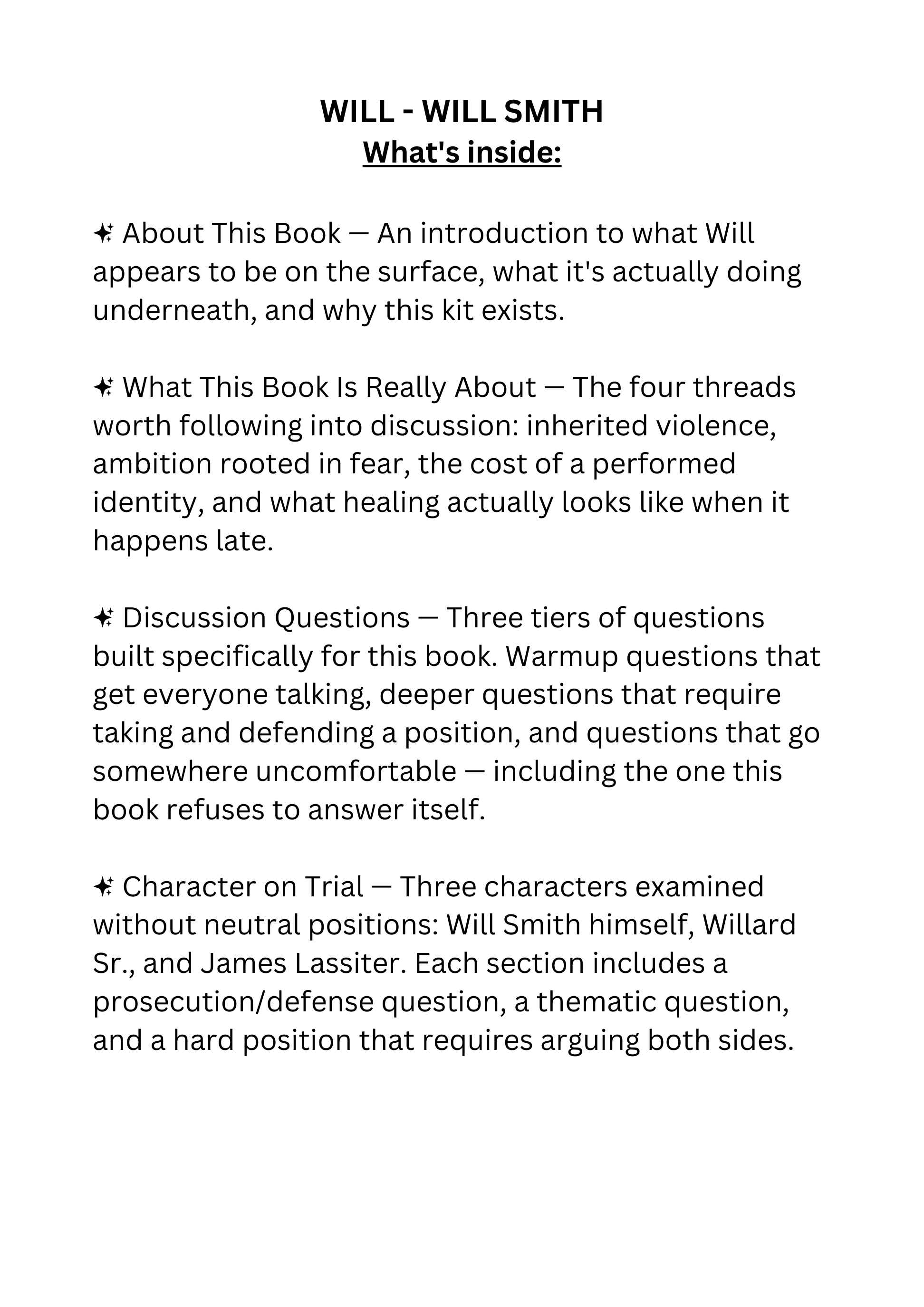 20+ pages of discussion questions, activities, and a host guide for Will by Will Smith. Built for book clubs ready to go past the highlights reel.