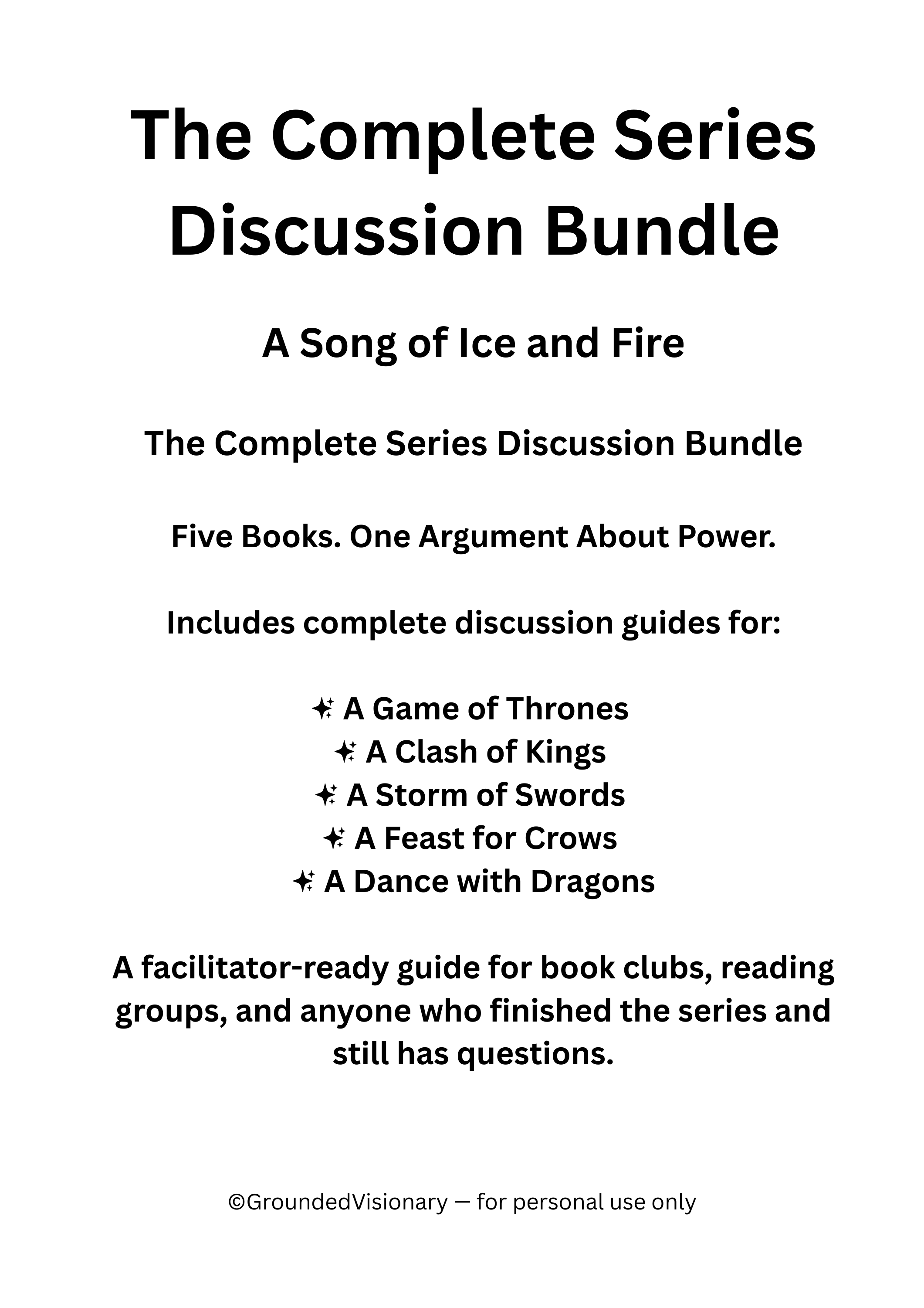 A Song of Ice and Fire Complete Series Discussion Bundle by George RR Martin discussion guide for book clubs, classrooms, and literary fiction readers