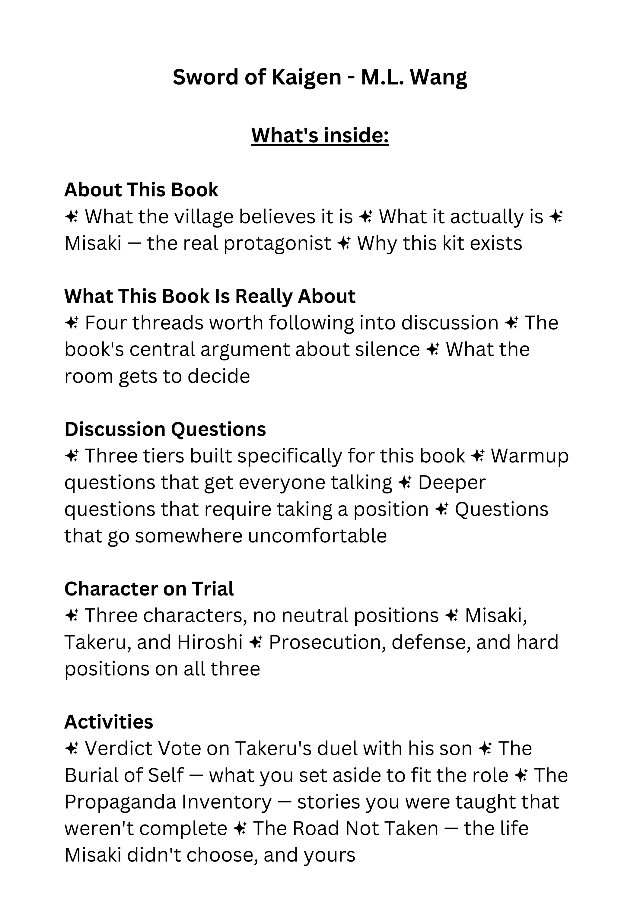 The Sword of Kaigen by M.L. Wang discussion guide for book clubs, classrooms, and literary fiction readers
