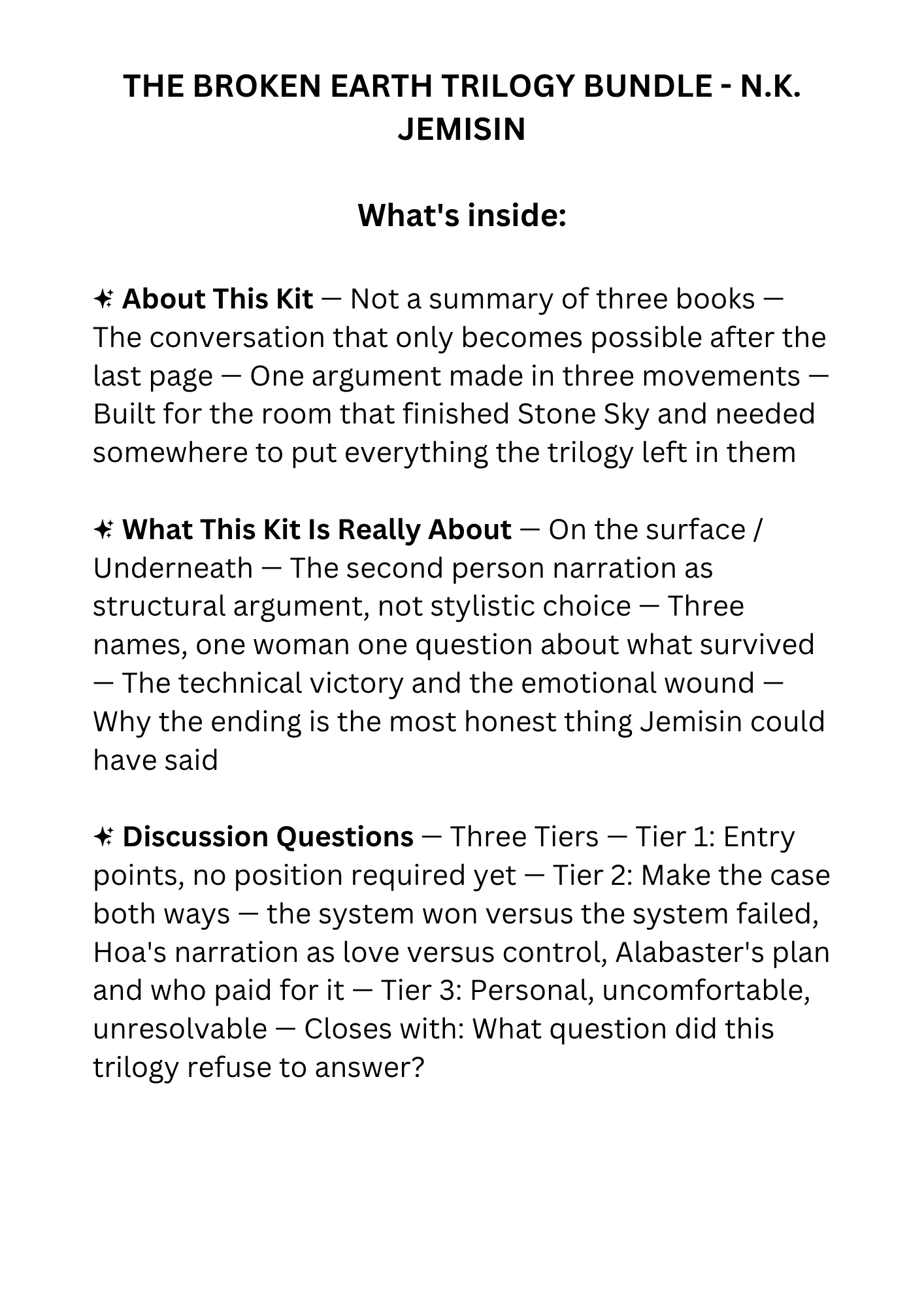 The Broken Earth Trilogy discussion kit for The Fifth Season, The Obelisk Gate, and The Stone Sky