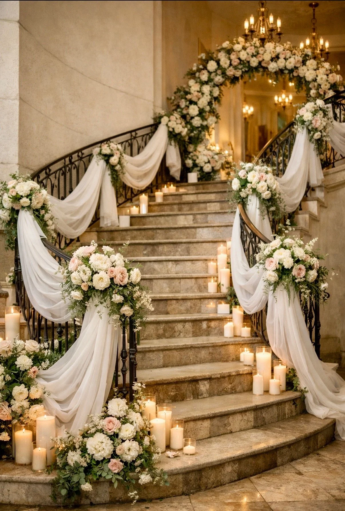 Decorated marble staircase with white draped fabric, floral arrangements of white and pink flowers, and numerous white candles in various sizes, leading to an elegant indoor reception area.