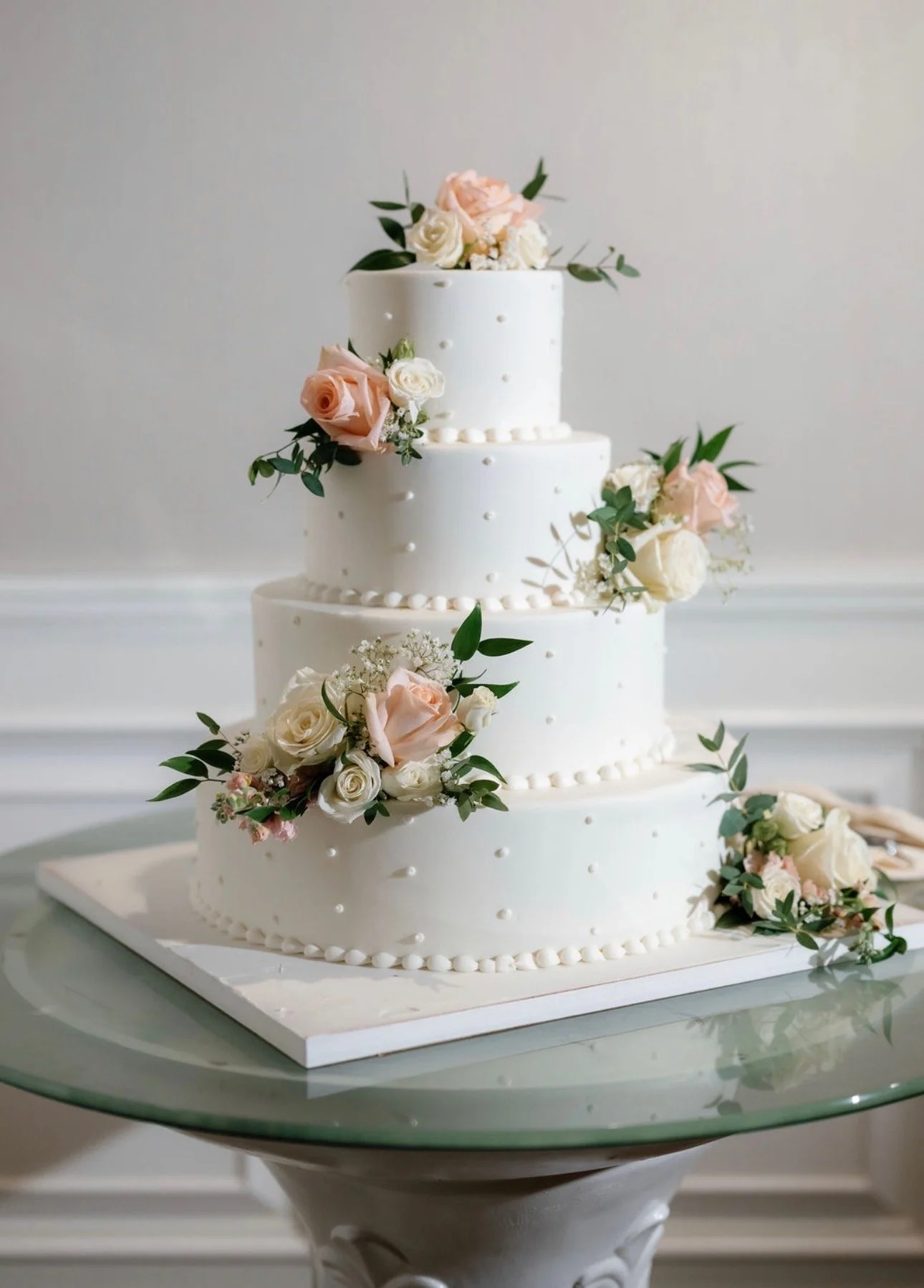 A three-tiered white wedding cake with floral decorations including pink and white roses and green leaves, placed on a white square cake board on a glass table.