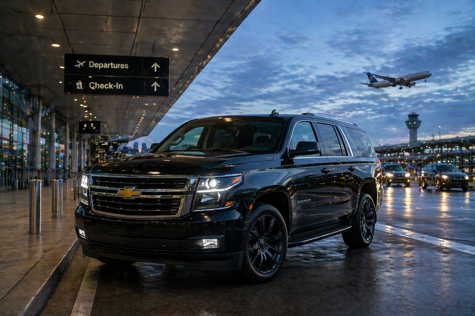 A black Chevrolet Suburban SUV parked outside an airport terminal during dusk, with airplanes flying in the sky and airport signs for departures and check-in overhead.