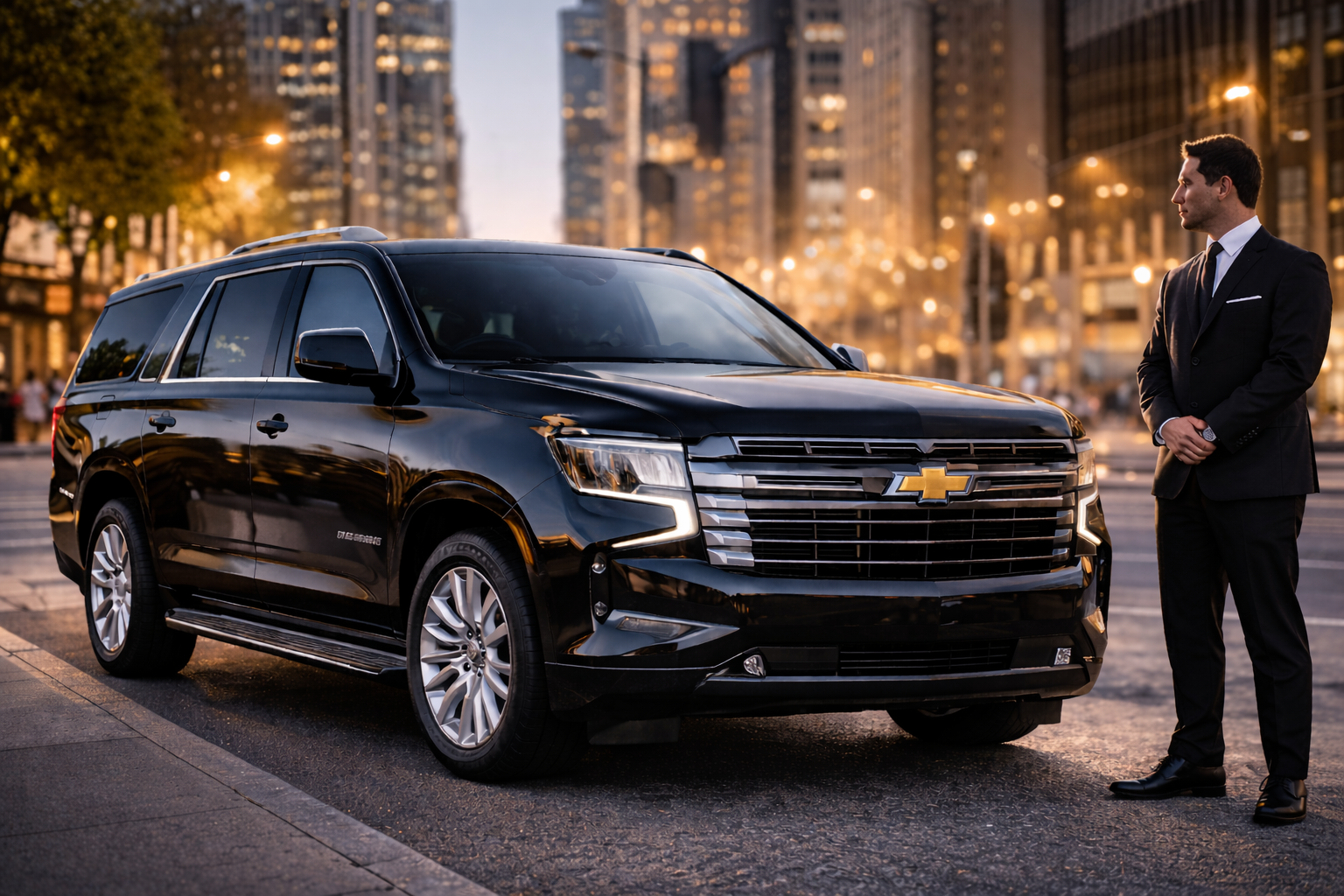 A man in a black suit standing next to a black Chevrolet SUV on a city street at dusk, with tall buildings and city lights in the background.