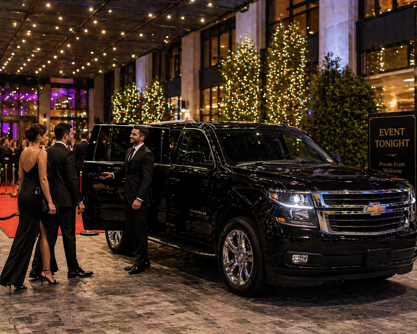 Elegant black SUV parked outside a glamorous event venue decorated with Christmas trees and fairy lights. Three well-dressed people in formal attire are engaging in conversation near the vehicle. A sign reads "Event Tonight" in the background.