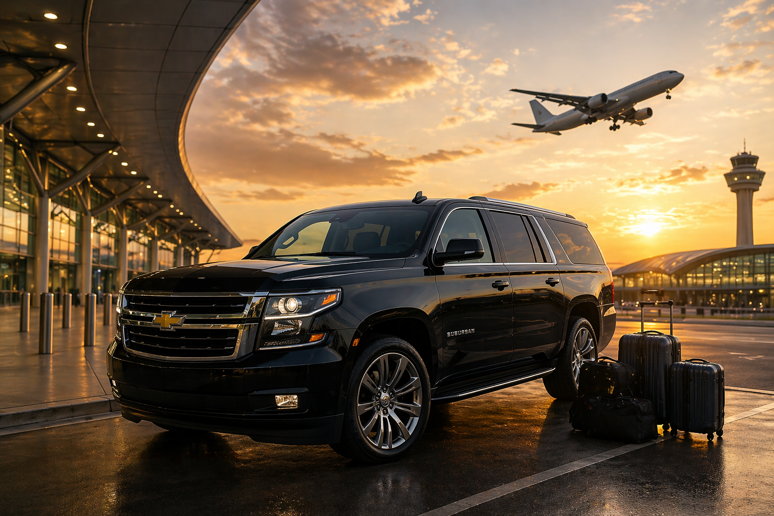 A black Chevrolet Suburban SUV parked at an airport terminal with luggage beside it during sunset, with an airplane taking off and the airport control tower in the background.