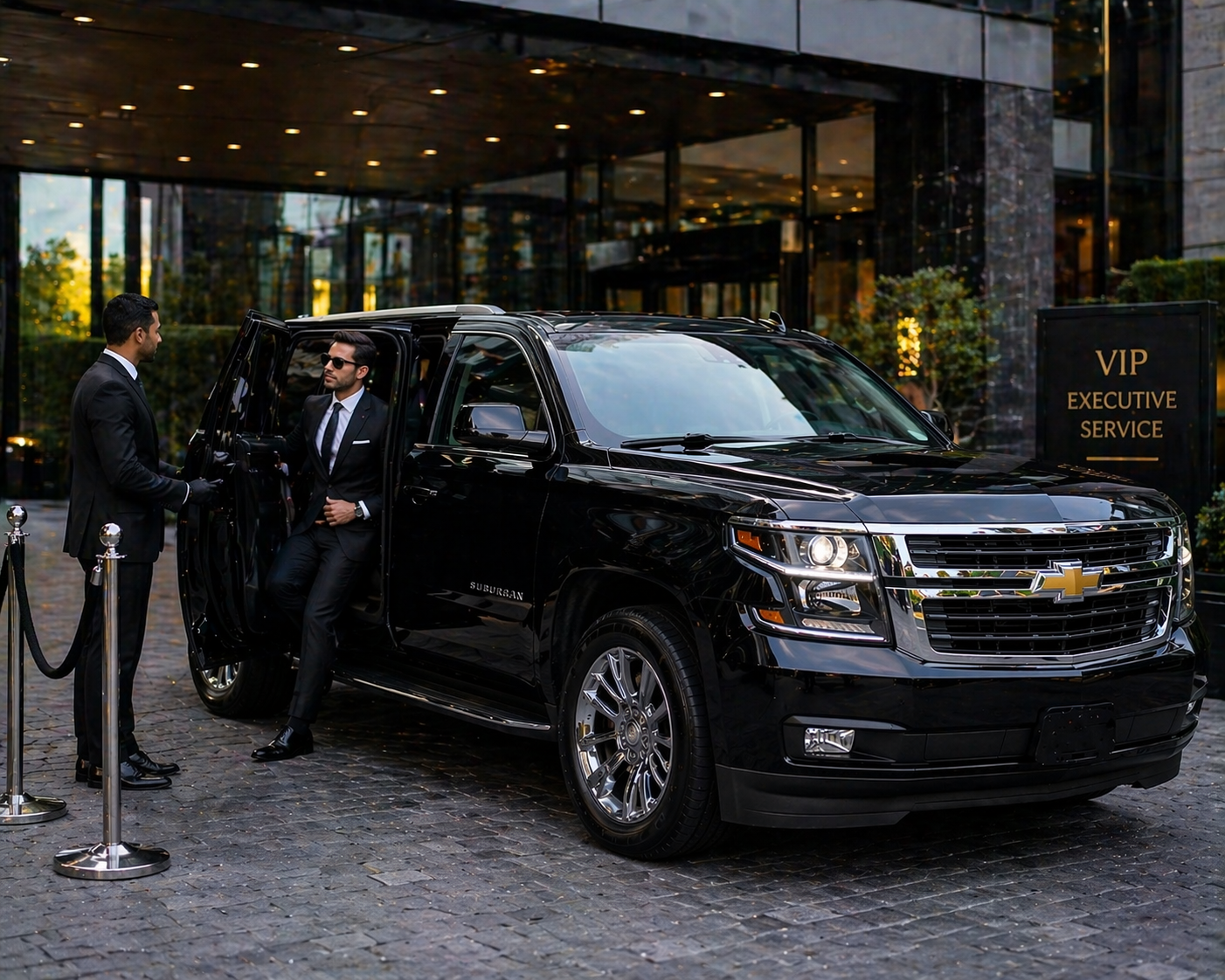 A man in a black suit and sunglasses is getting out of a black Chevrolet Suburban vehicle after being assisted by a driver in a suit outside a hotel with a VIP executive service sign.