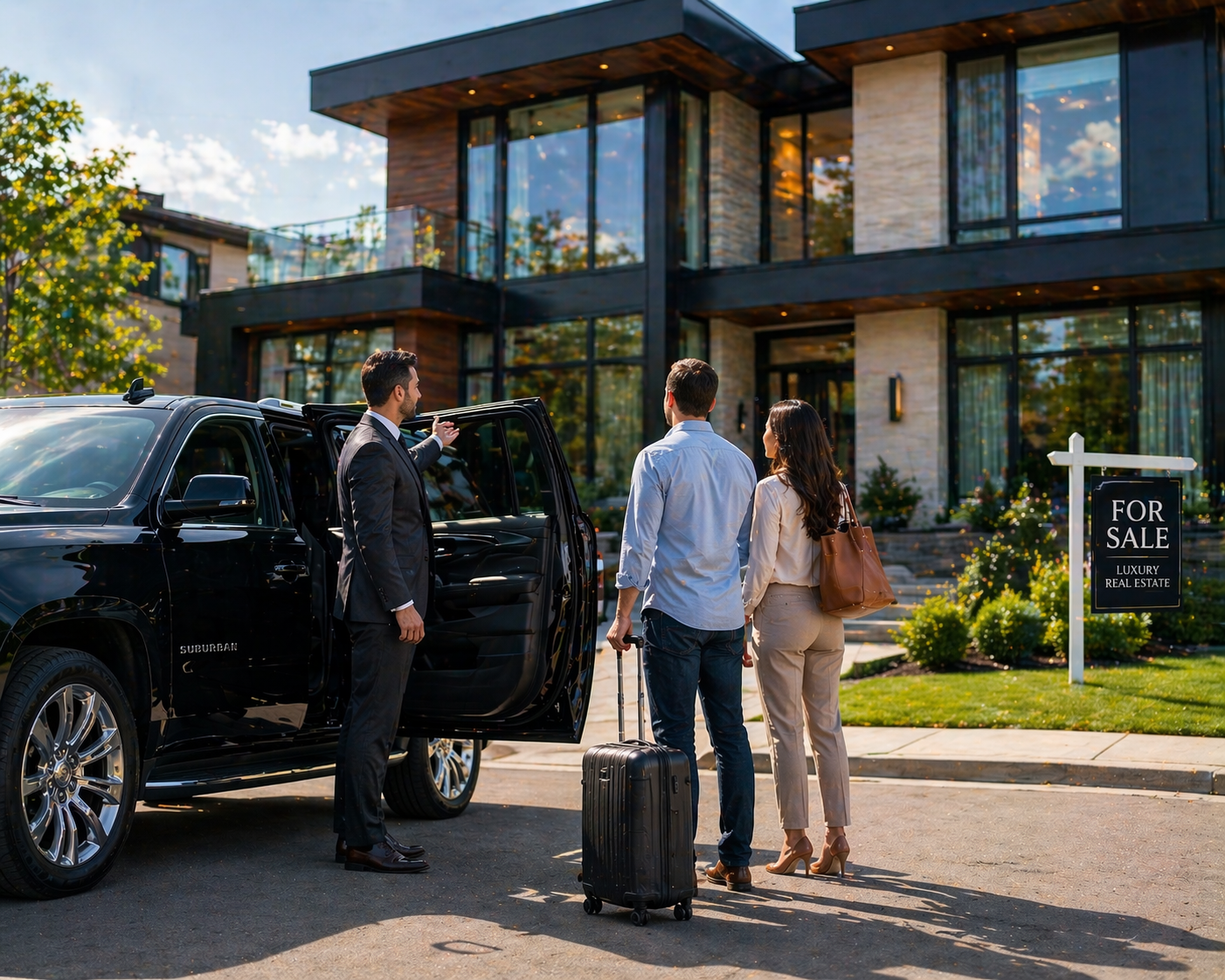 A man in a suit is talking to a couple with luggage outside a modern, luxury house for sale.