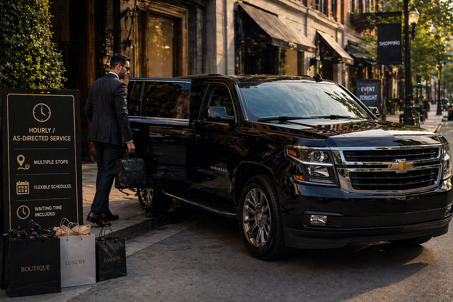 A man in a suit with sunglasses carrying a black bag is standing next to a black Chevrolet Suburban SUV parked on a city street. Shopping bags are on the sidewalk nearby, and a sign advertises hourly, flexible schedule taxi or ride service with multiple stops and waiting time included.