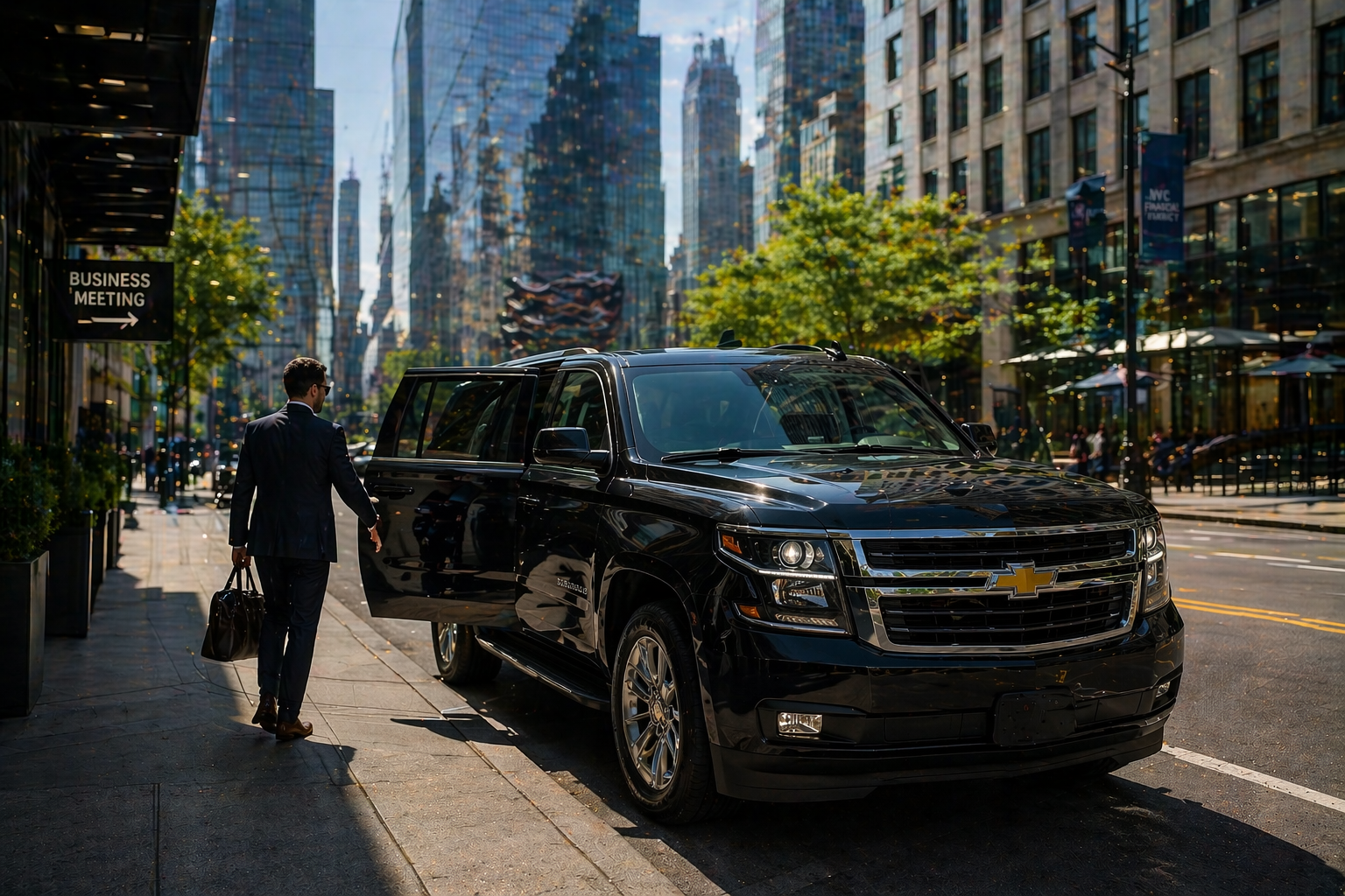 A black Chevrolet SUV parked on a city street with a man in business attire walking towards it carrying a briefcase.