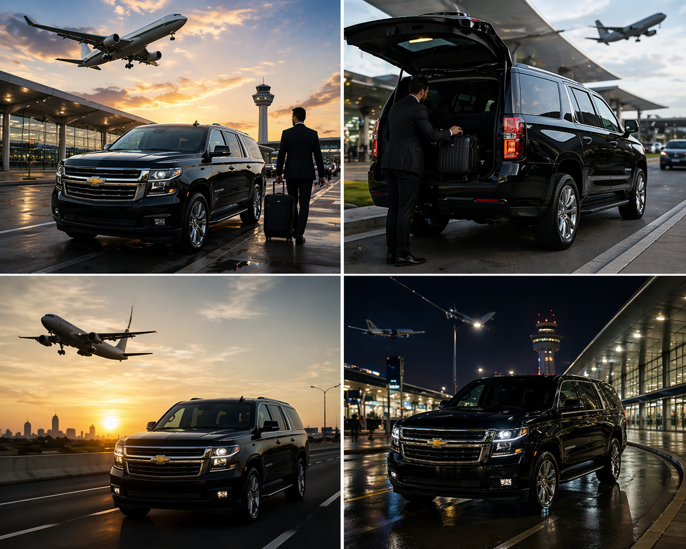 Photos of a black Chevrolet Suburban at an airport. The car is parked outside terminal buildings and under a plane's descent on a runway. A man in a suit is seen preparing luggage, and airplanes are flying or parked nearby at sunset and nighttime.