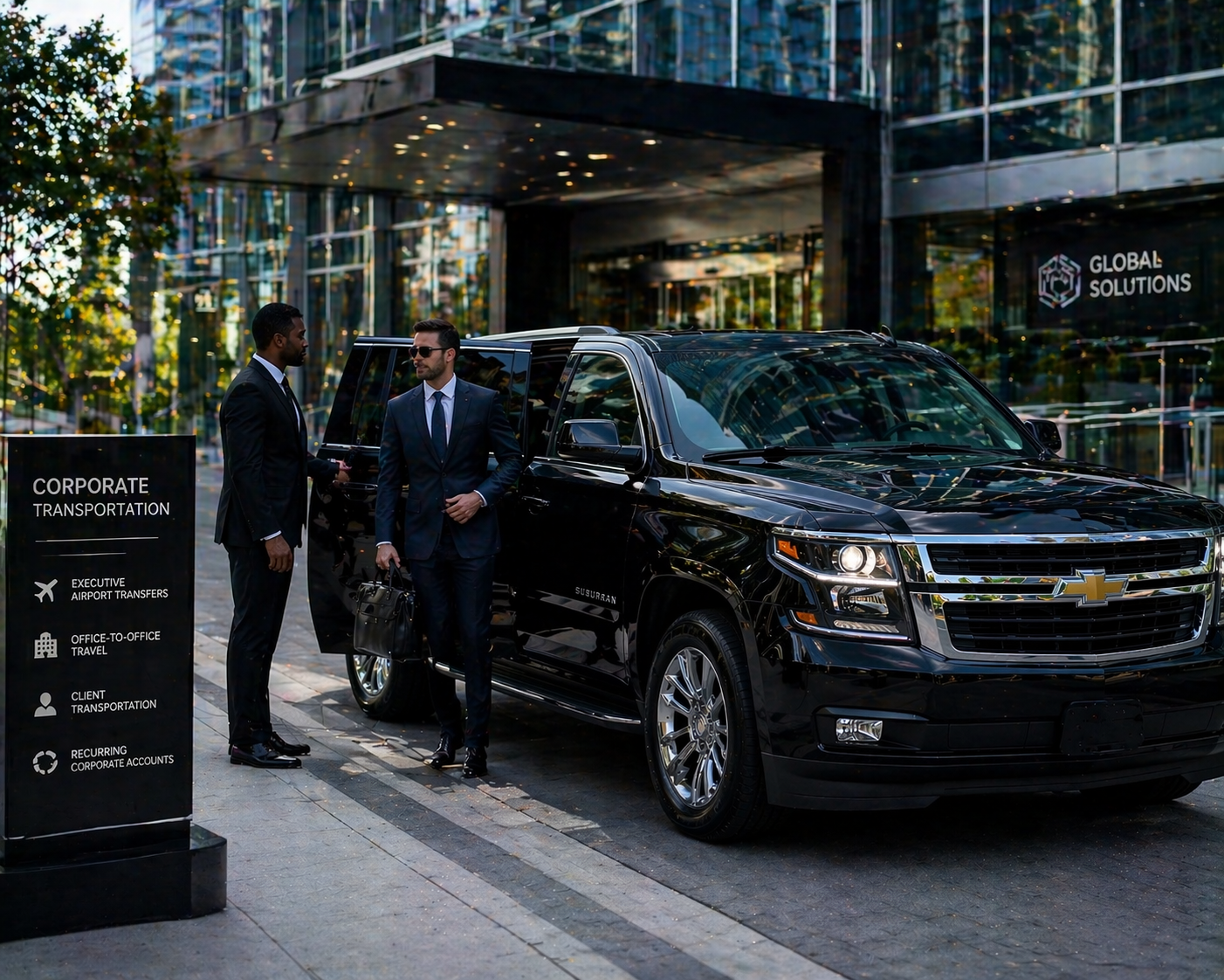Two men dressed in suits are standing outside near a black Chevrolet SUV, engaged in conversation. One man is holding a briefcase, and the other is gesturing with his hand. There is a signboard nearby with transportation services listed. The background features a modern glass building and a sign that says "Global Solutions."