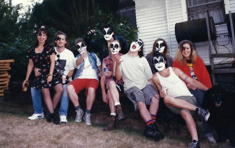 Reunion Pre-party, Hell’s Half Acre– Tukwila 1996. L-R: unknown, Paul Larkin, Rock Star Matt, Edgy 59 (he did everyone’s makeup), Pinky, Jesse, unknown, the author, Bekki Crider, Cynthia’s dog Sid