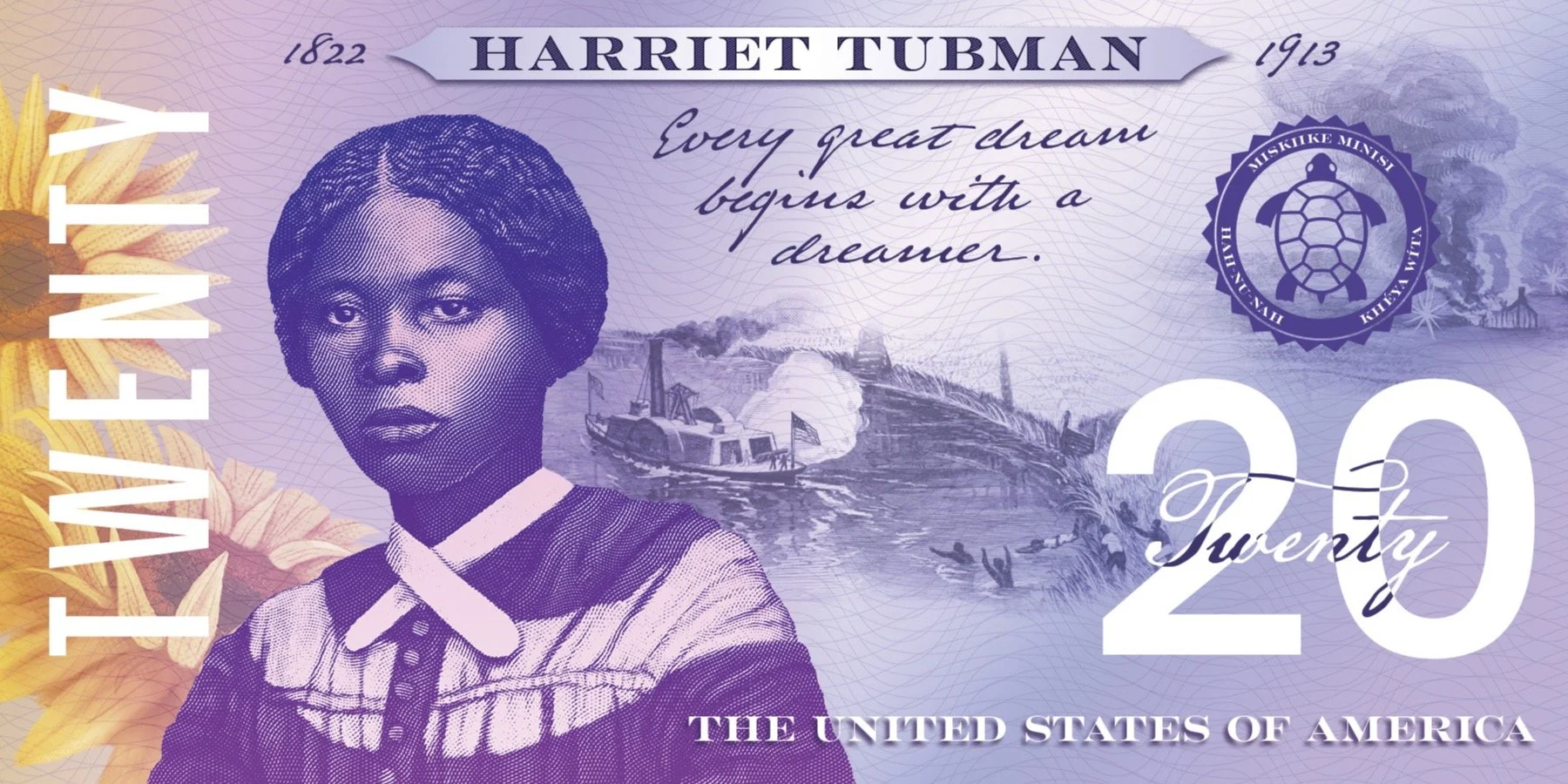A twenty-dollar bill featuring Harriet Tubman, a historical figure, with a background illustration of a steamboat and a rural scene. The bill has a purple and orange color scheme, with floral elements on the left side and text including her name, a quote, and the denomination.
