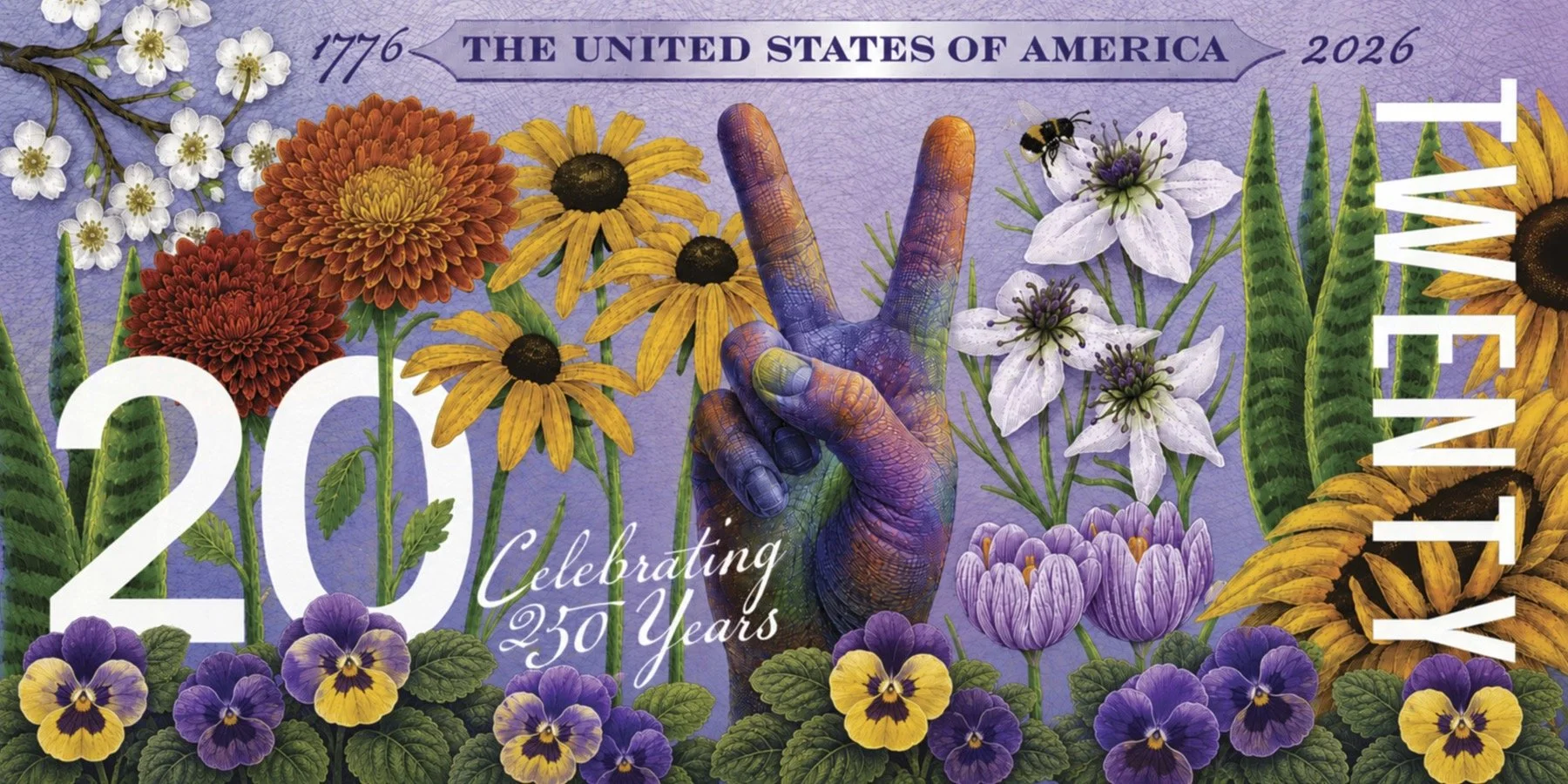 A colorful illustration celebrating the 250th anniversary of the United States, featuring flowers such as sunflowers, daisies, and violets, with a rainbow-colored hand making a peace sign and the text "1776 - 2026, The United States of America, Celebrating 250 Years."