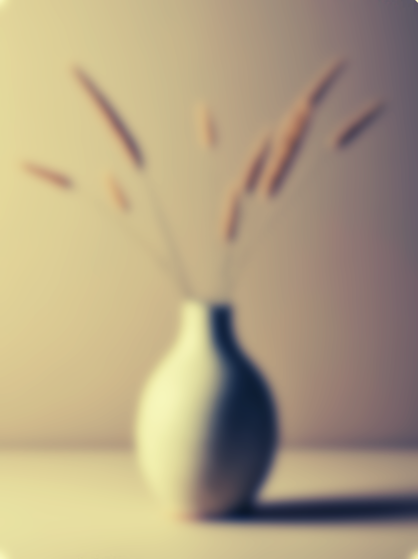 Blurry image of two vases, one white and one black, with tall, thin dried plant stems in each, against a plain background.
