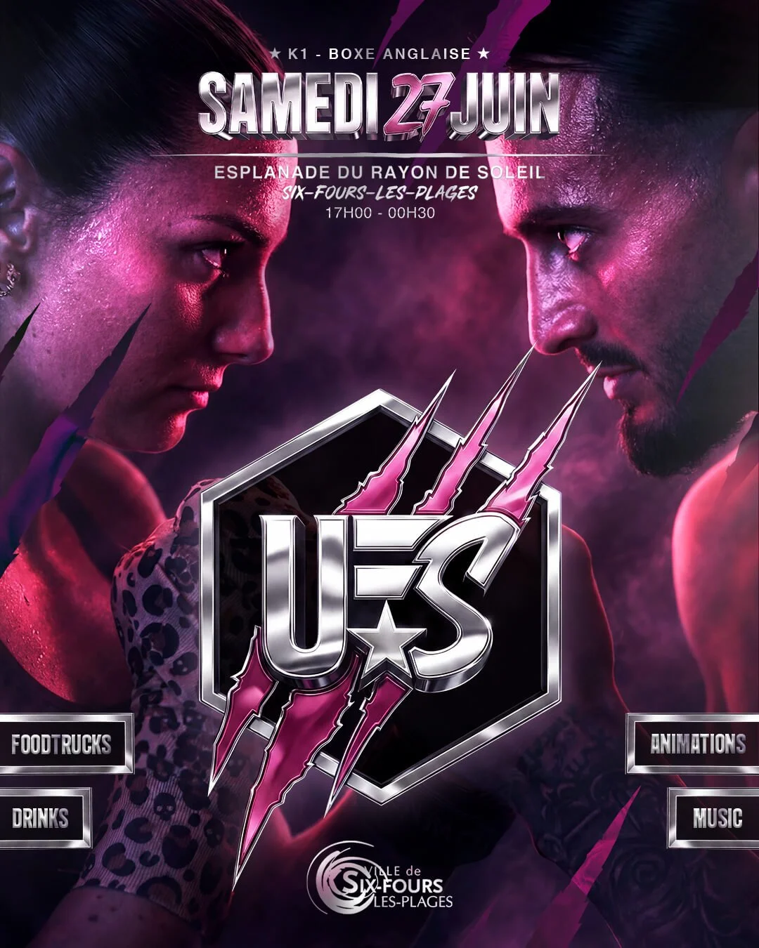 Affiche pour un événement de boxe anglaise opposant deux champions, avec la date du 27 juin, le lieu Esplanade du Rayon de Soleil, six fours les plages, de 17h00 à 00h30. La scène montre un visage de chaque côté face à face, avec un logo U.S. et des touches de rose et violet.