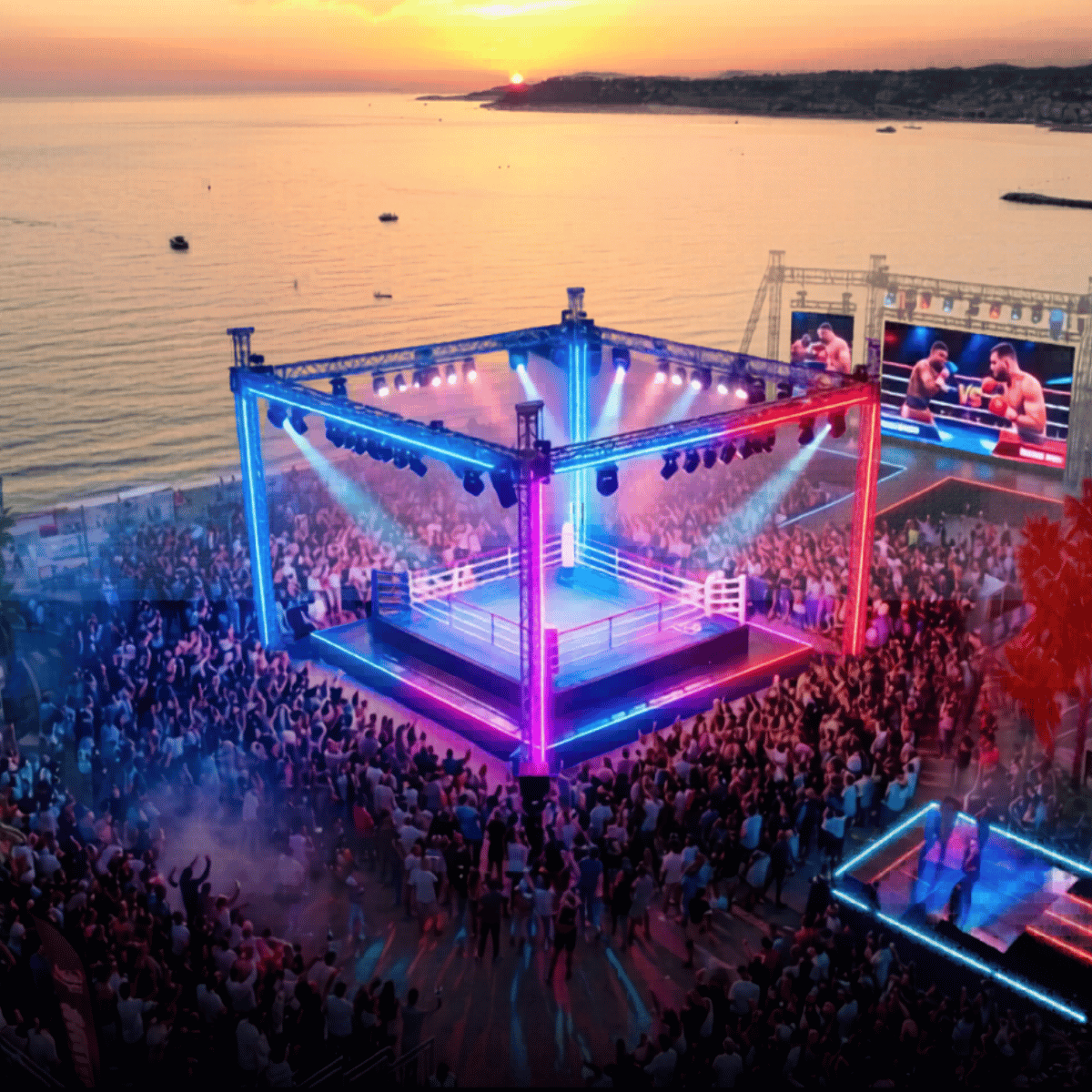 Un ring de boxe éclairé par des lumières colorées, situé en extérieur sur une plage au coucher du soleil, avec une foule de spectateurs et un écran géant montrant un combat de boxe.