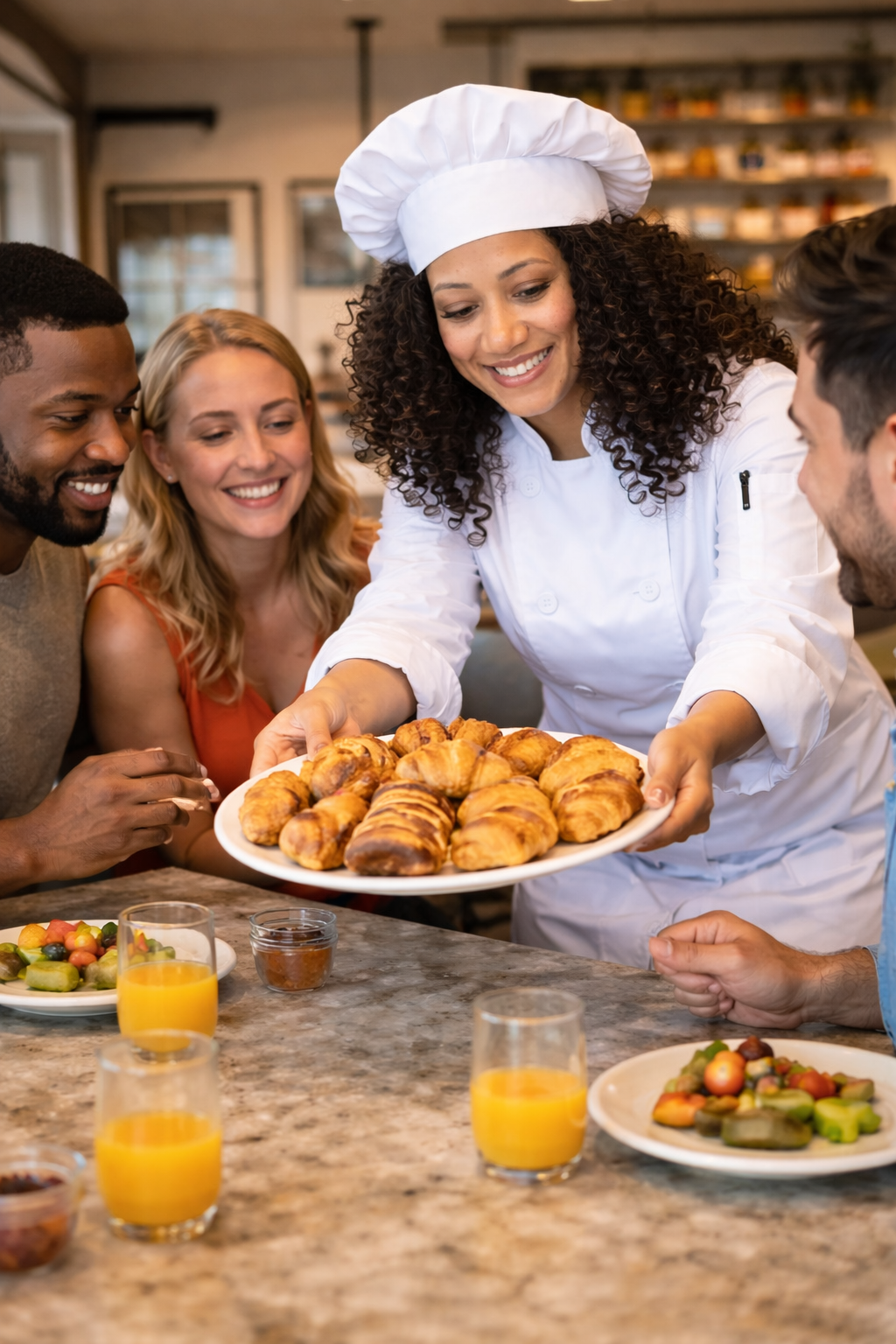 A chef presents a plate of croissants to a group of smiling people at a breakfast gathering in a cozy kitchen.