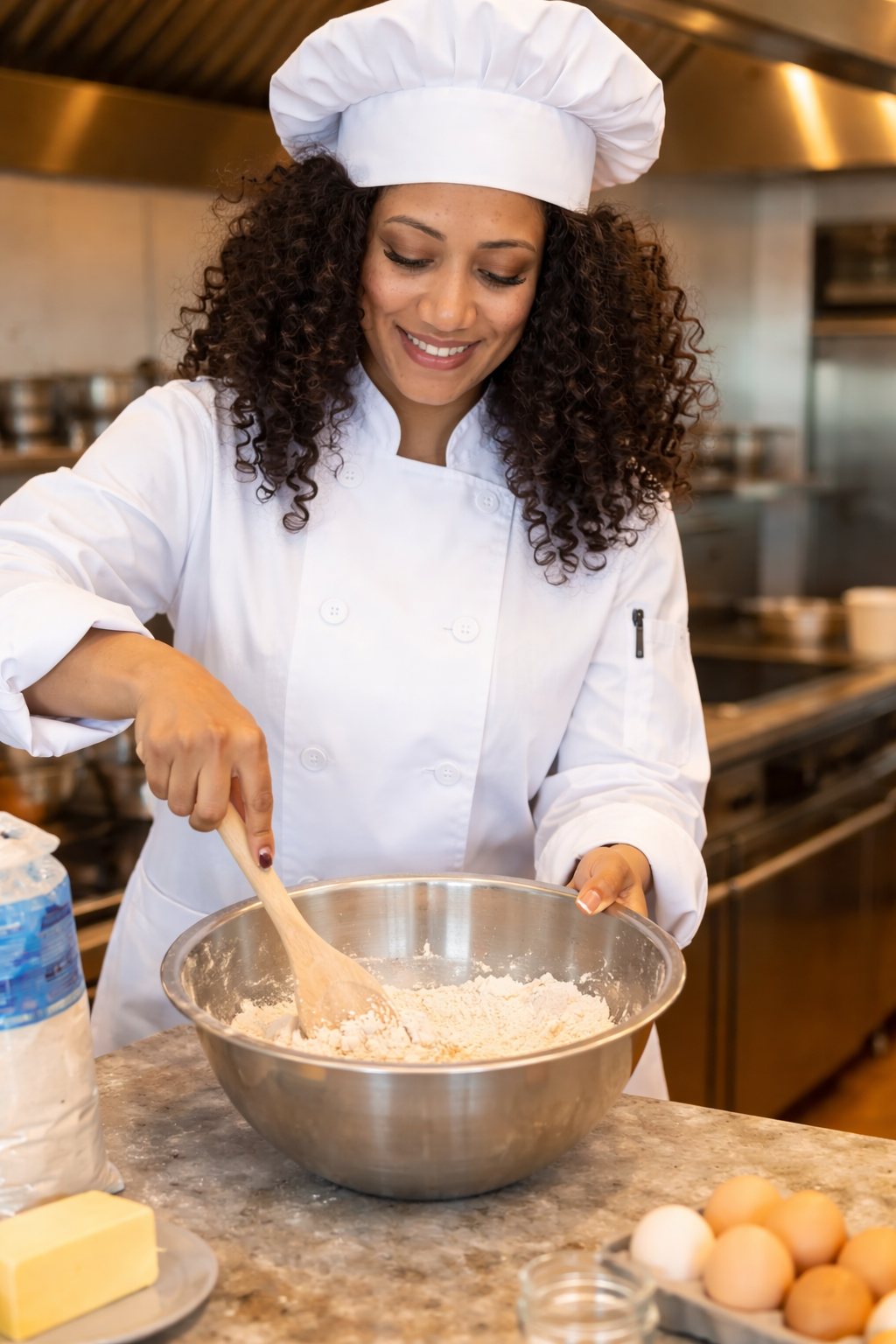 A woman in chef's attire stirring a bowl of flour mixture in a professional kitchen.