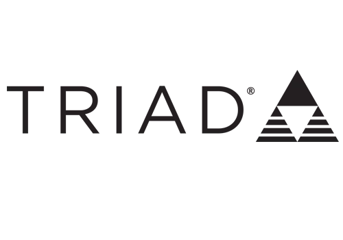 Triad Speakers black and white logo with name to the left and triangle logo to the right.