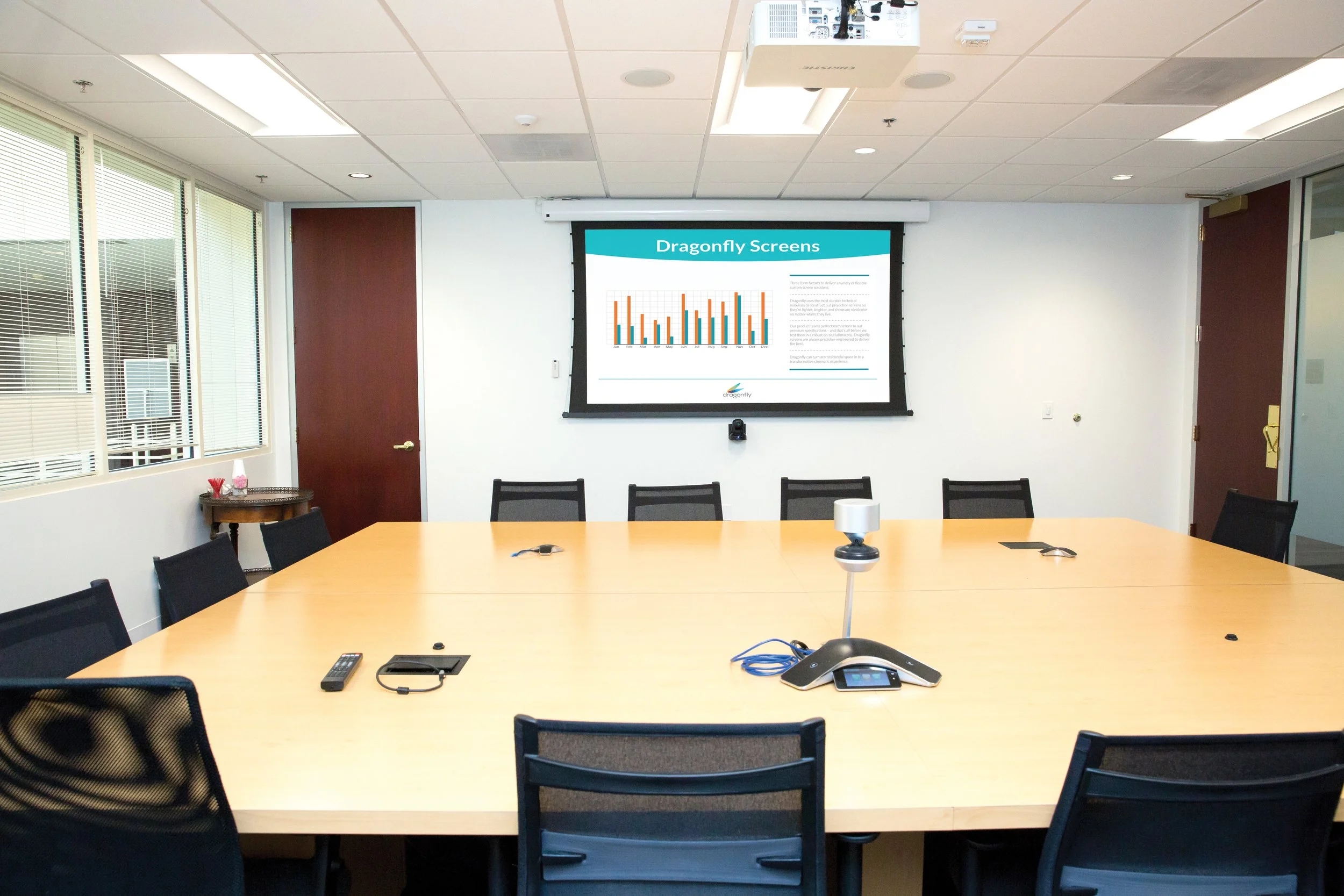 A conference room with a rectangular wooden table, black mesh chairs, a large wall-mounted screen displaying a presentation, and a window with blinds on the left side. Various conference equipment, including a remote control and microphones, are on the table.