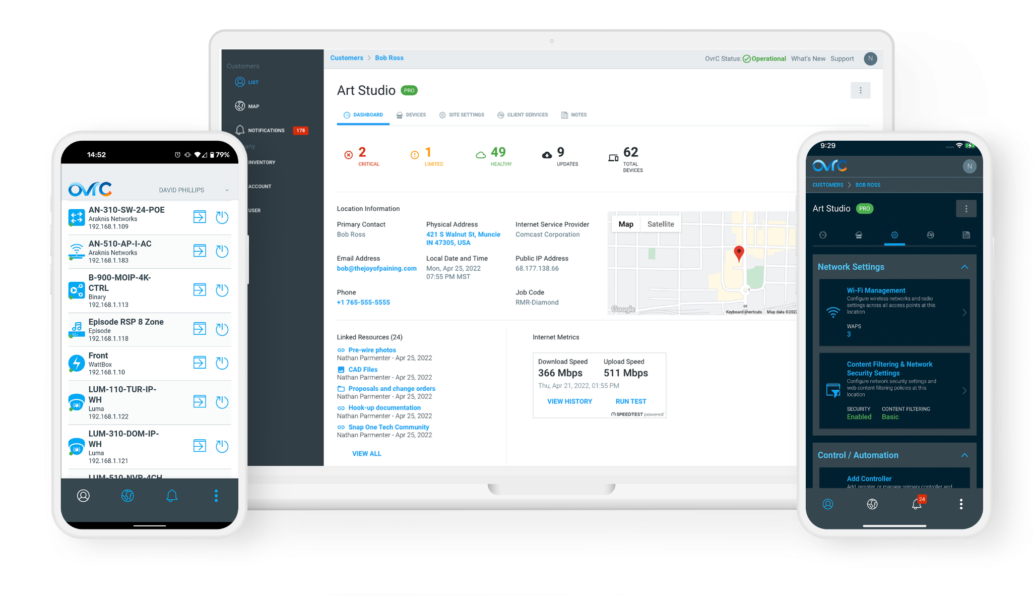 Multiple screens displaying network management interfaces and dashboards with device statuses, network settings, and performance metrics.