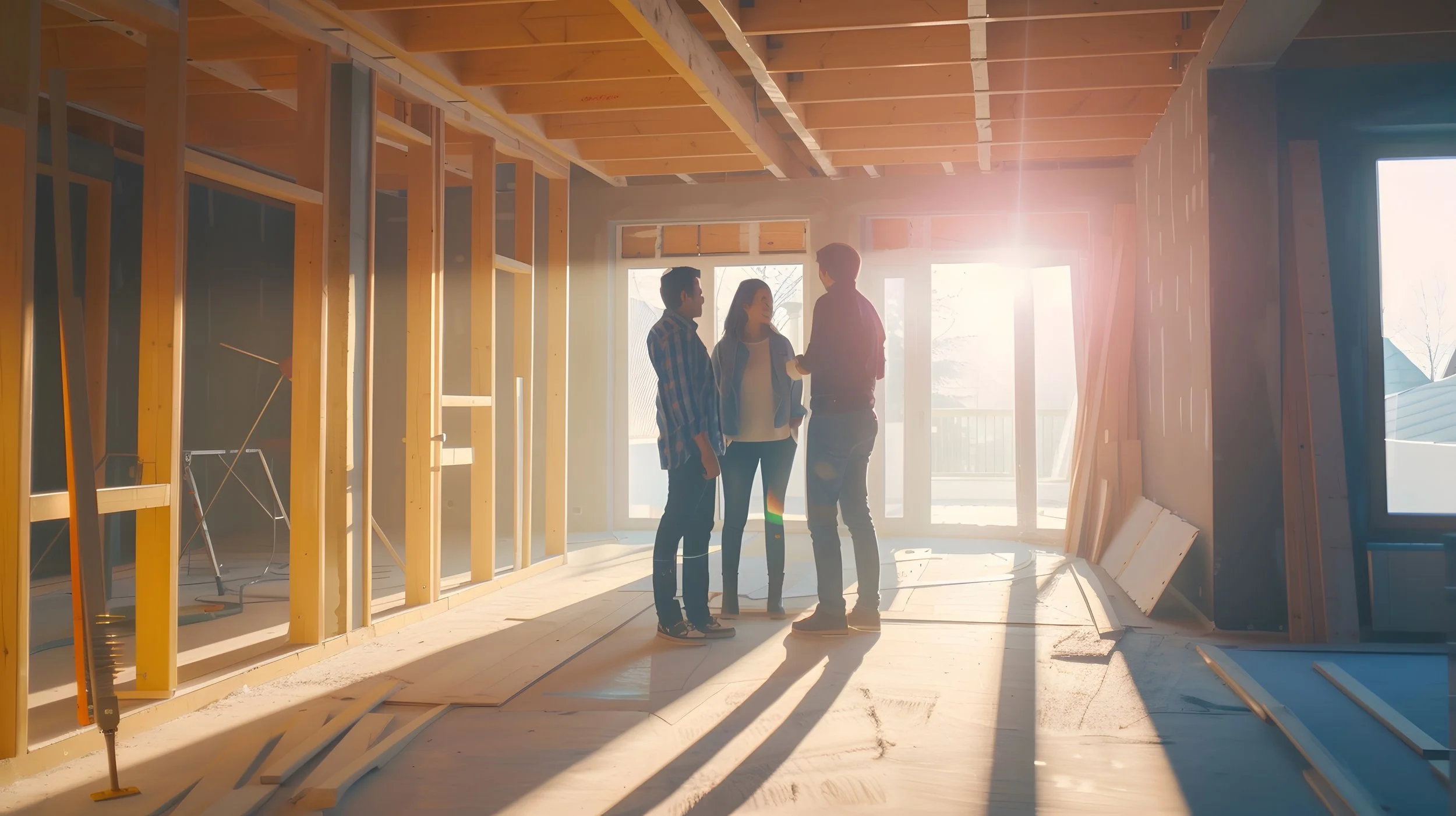 Three people in a house under construction, standing and talking inside a room with exposed wooden framing and large windows, with sunlight shining through.