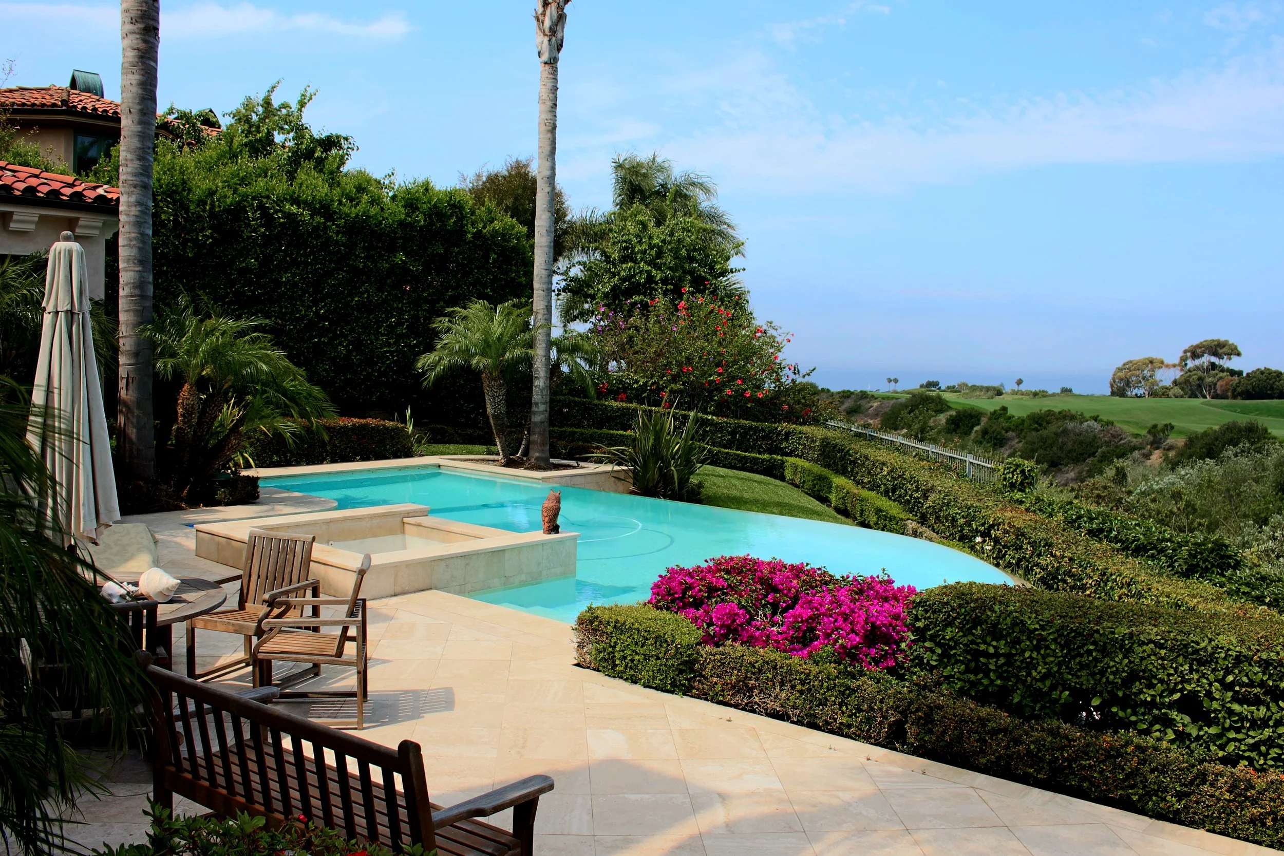 A backyard with a swimming pool surrounded by lounge chairs, green bushes, and flowering plants, with trees and a blue sky in the background.