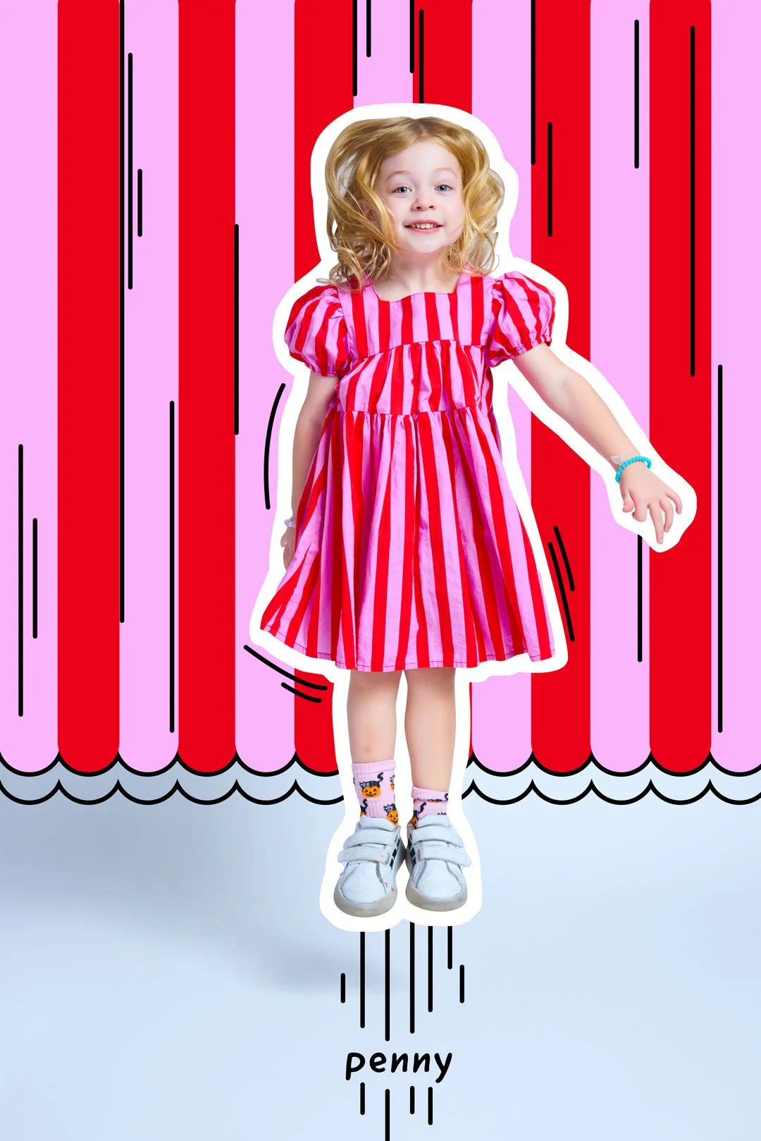 custom illustrated portrait girl in striped dress hand-drawn background Caught Cheesin NYC