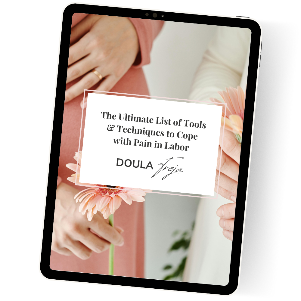 A tablet screen displaying a book cover titled "The Ultimate List of Tools & Techniques to Cope with Pain in Labor" by Doula Freja. The cover features hands holding pink flowers.
