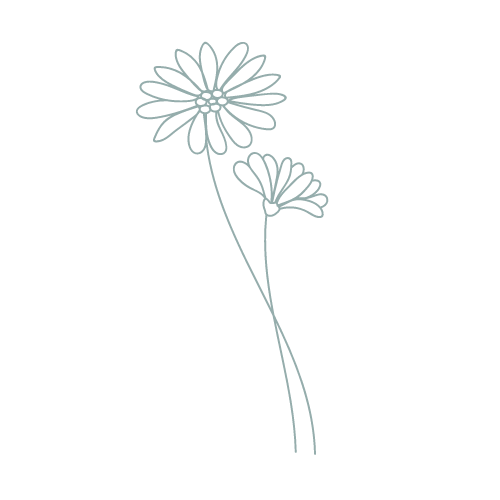 Line drawing of two flowers with long, curved stems on a black background.