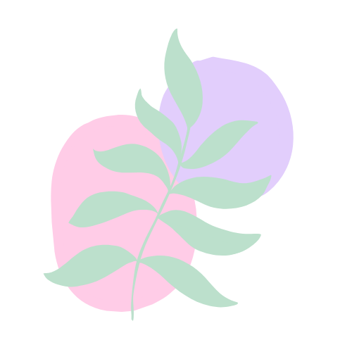 A soft abstract illustration featuring a lilac shape, a pink circle, and sage green botanical leaves arranged together on a beige background.
