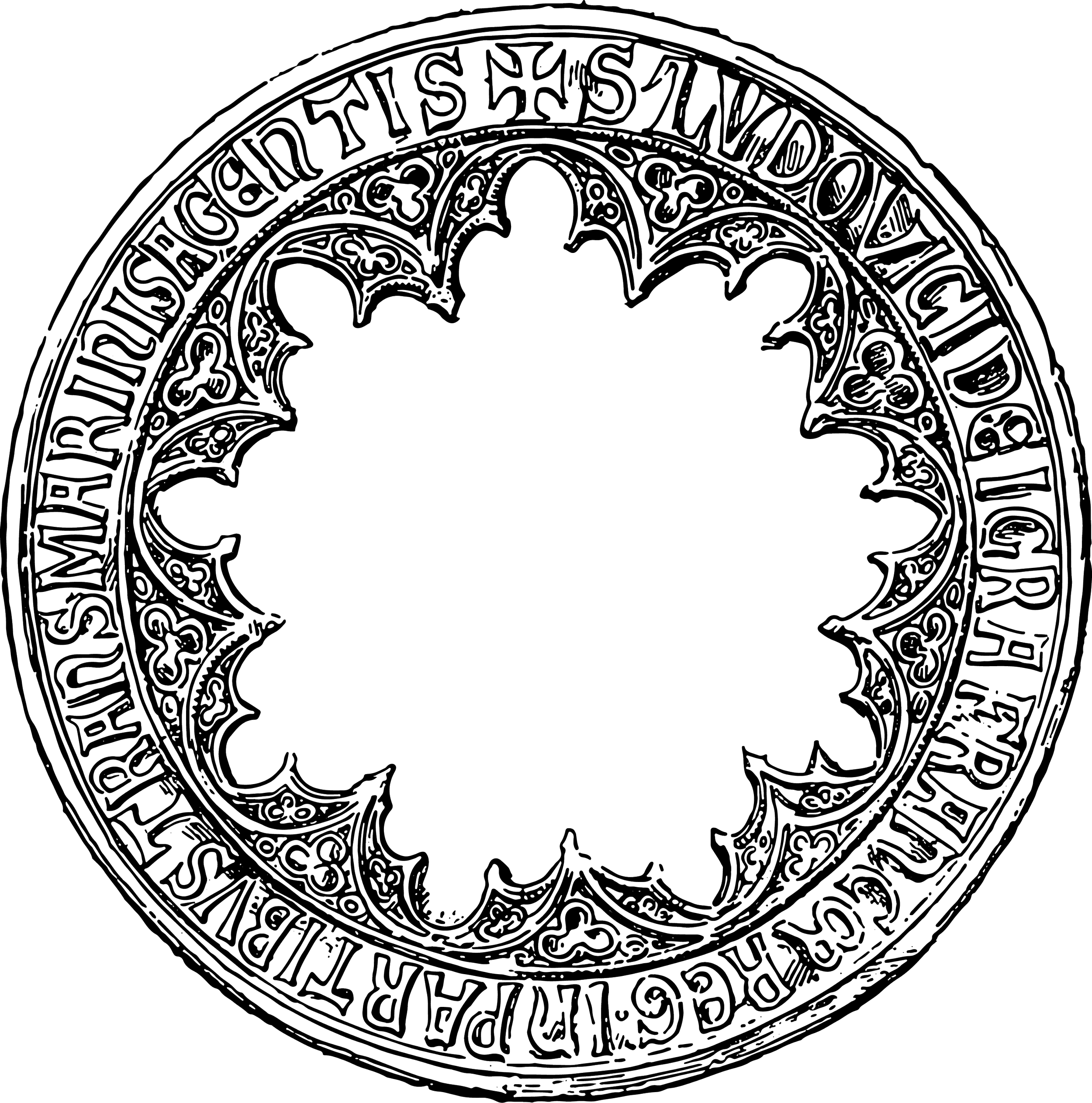 A detailed, circular, black and white line drawing of a medal or coin with intricate designs and inscriptions around the edges.