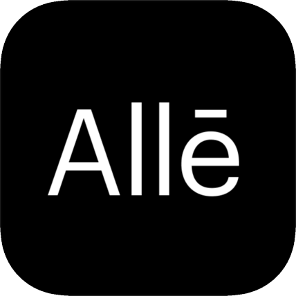 Black background with white text spelling 'Alle' with a line over the 'e'.