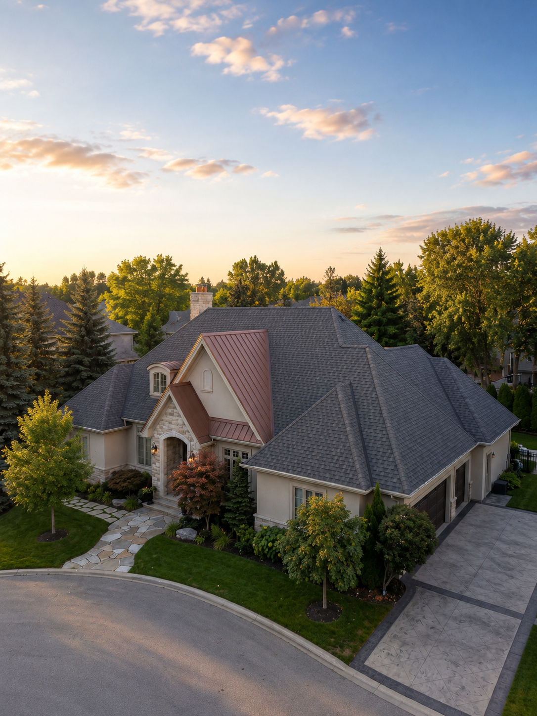 A large house with a dark gray roof, stone accents, and a front porch, surrounded by green trees and a well-manicured lawn, captured at sunset in a suburban neighborhood.