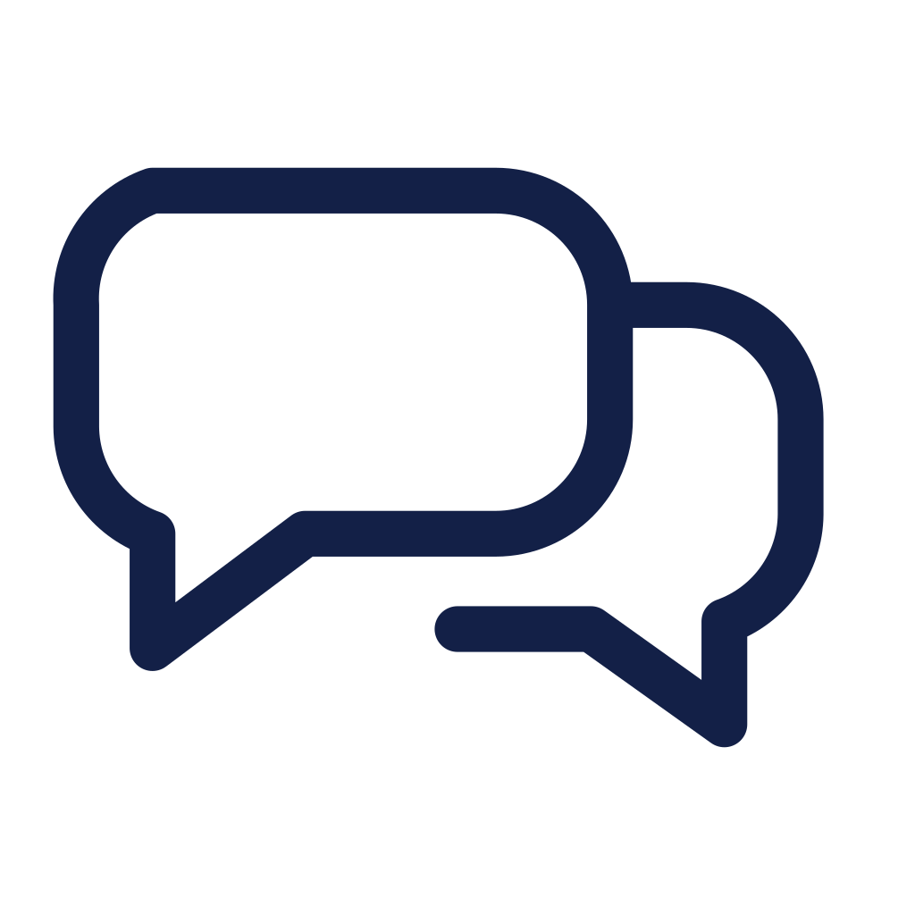 Outline of two speech bubbles, one overlapping the other, symbolizing conversation or communication.