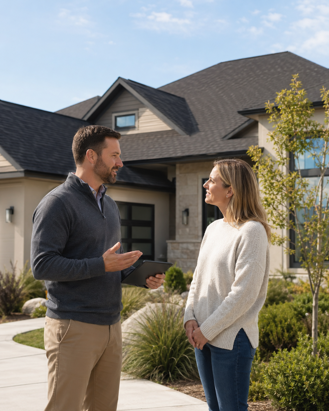 A man and a woman having a conversation outside a modern house with landscaped yard, during daytime.