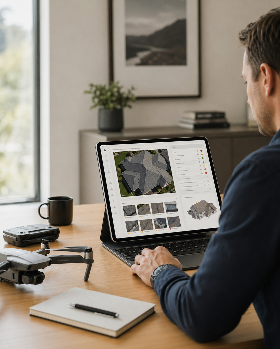 A person sitting at a desk using a laptop with a drone and a notebook on the desk. The laptop shows an aerial view of a house roof with inspection details. The room has a large window, a potted plant, a black coffee mug, and framed artwork on the wall.