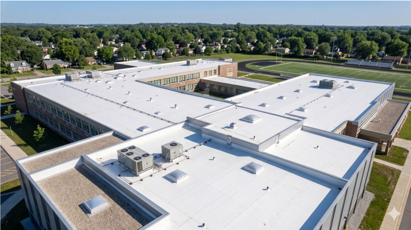 An aerial view of a school campus with multiple flat white roofs, surrounding greenery, a football field with track, and a neighborhood of houses in the background.